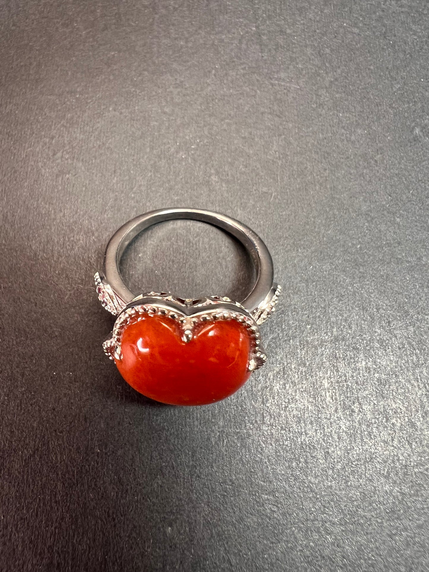 NEW cherry red jade and ruby blossom ring in rhodium over sterling silver size 9
