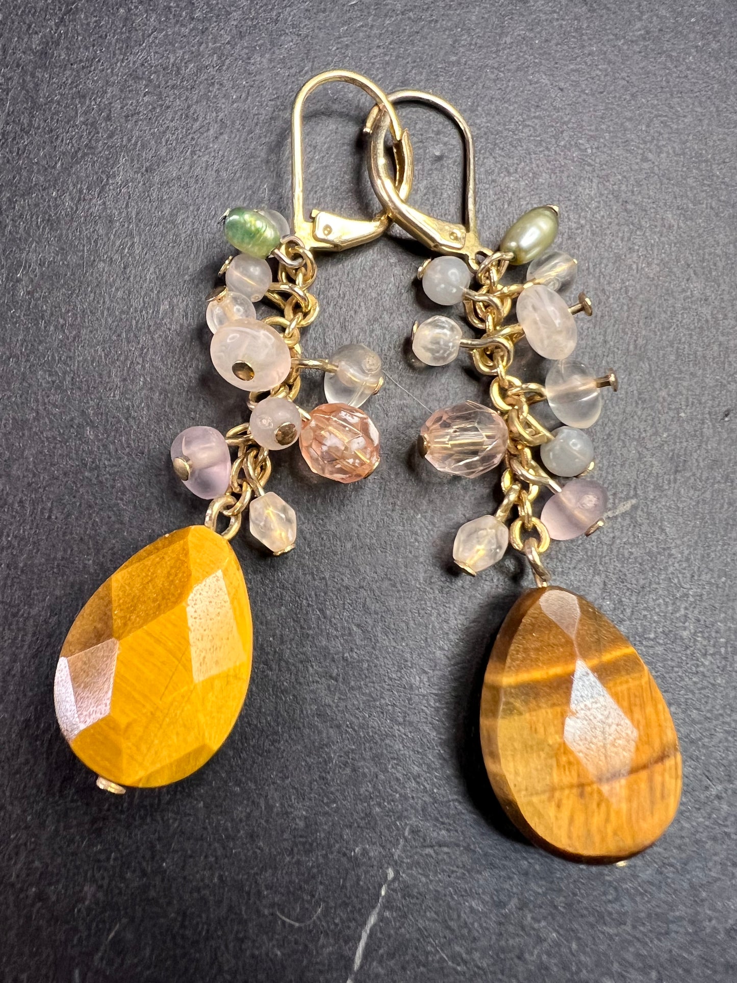 Avon tigers eye gold tone lever back chandelier earrings