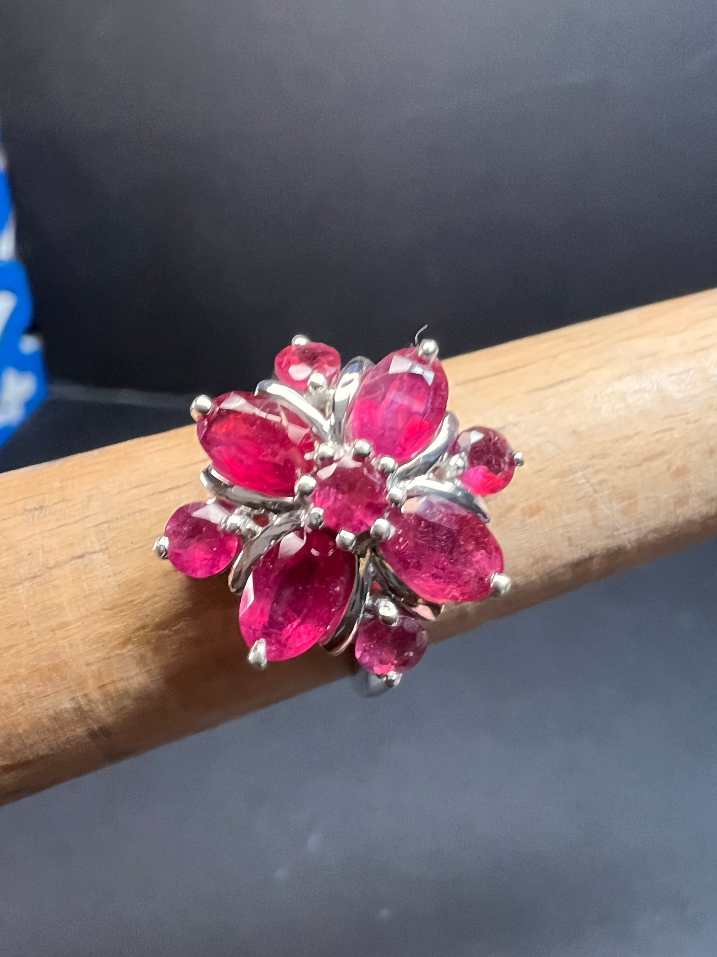 Vintage ruby flower cluster sterling silver ring size 7