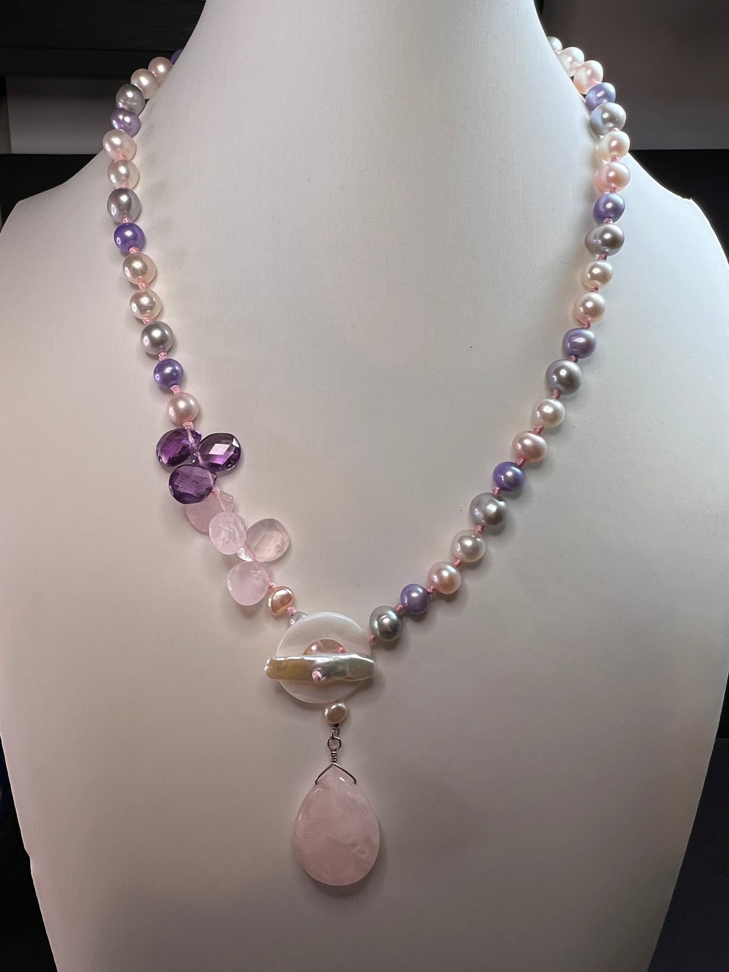 NEW multi color freshwater pearl, rose quartz and amethyst necklace