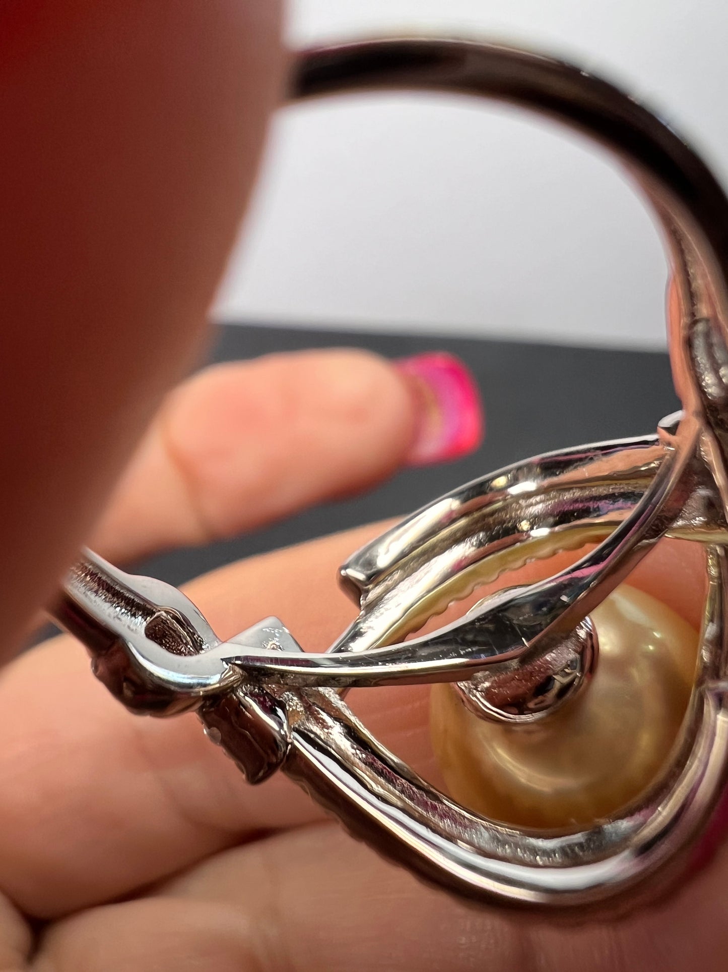 Natural Color Deep Gold 11mm Golden South Sea Cultured Pearl and Zircon ring in rhodium over Sterling silver size 9