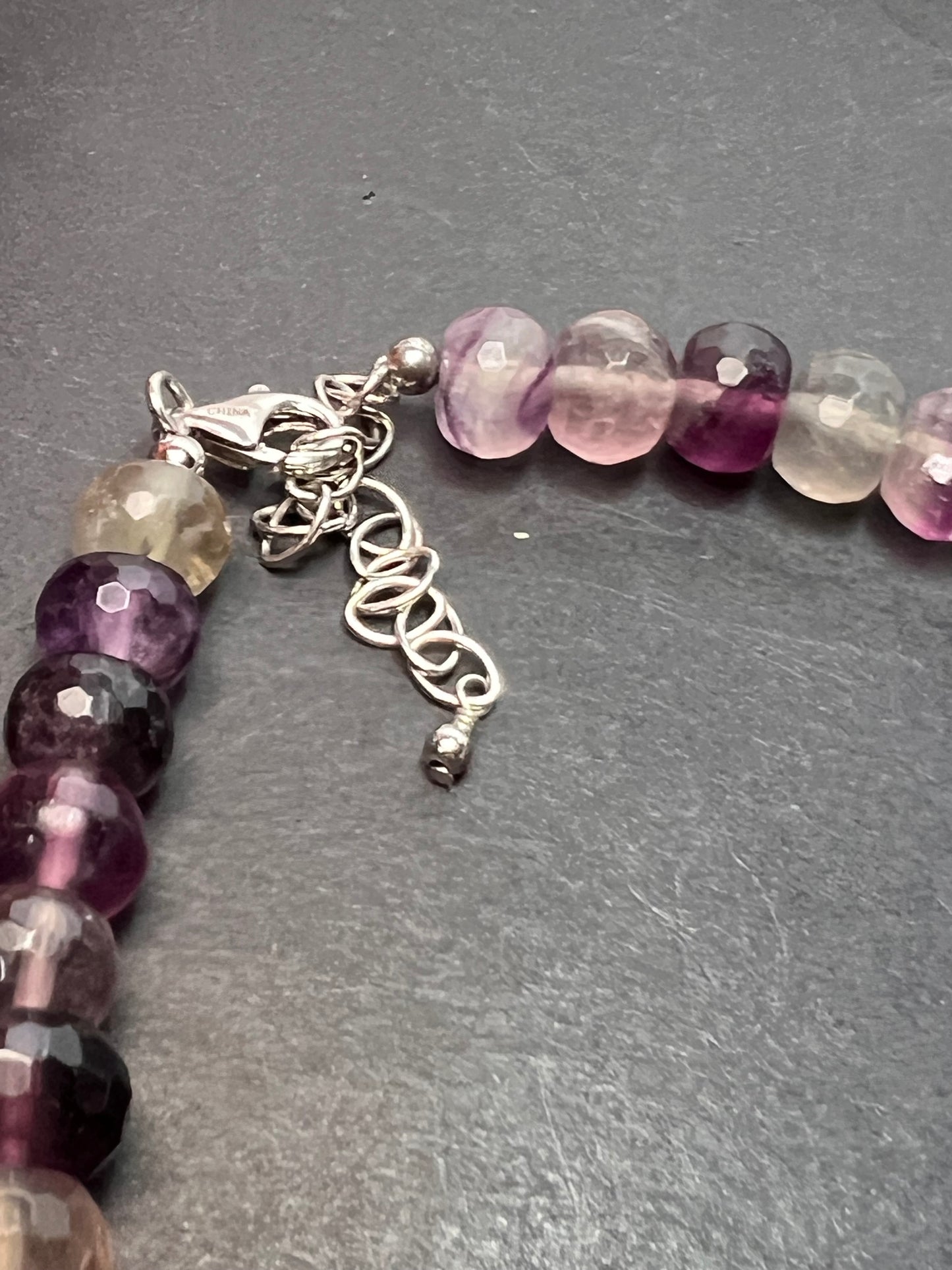 Rainbow and purple fluorite faceted beaded statement necklace with 925 lobster clasp