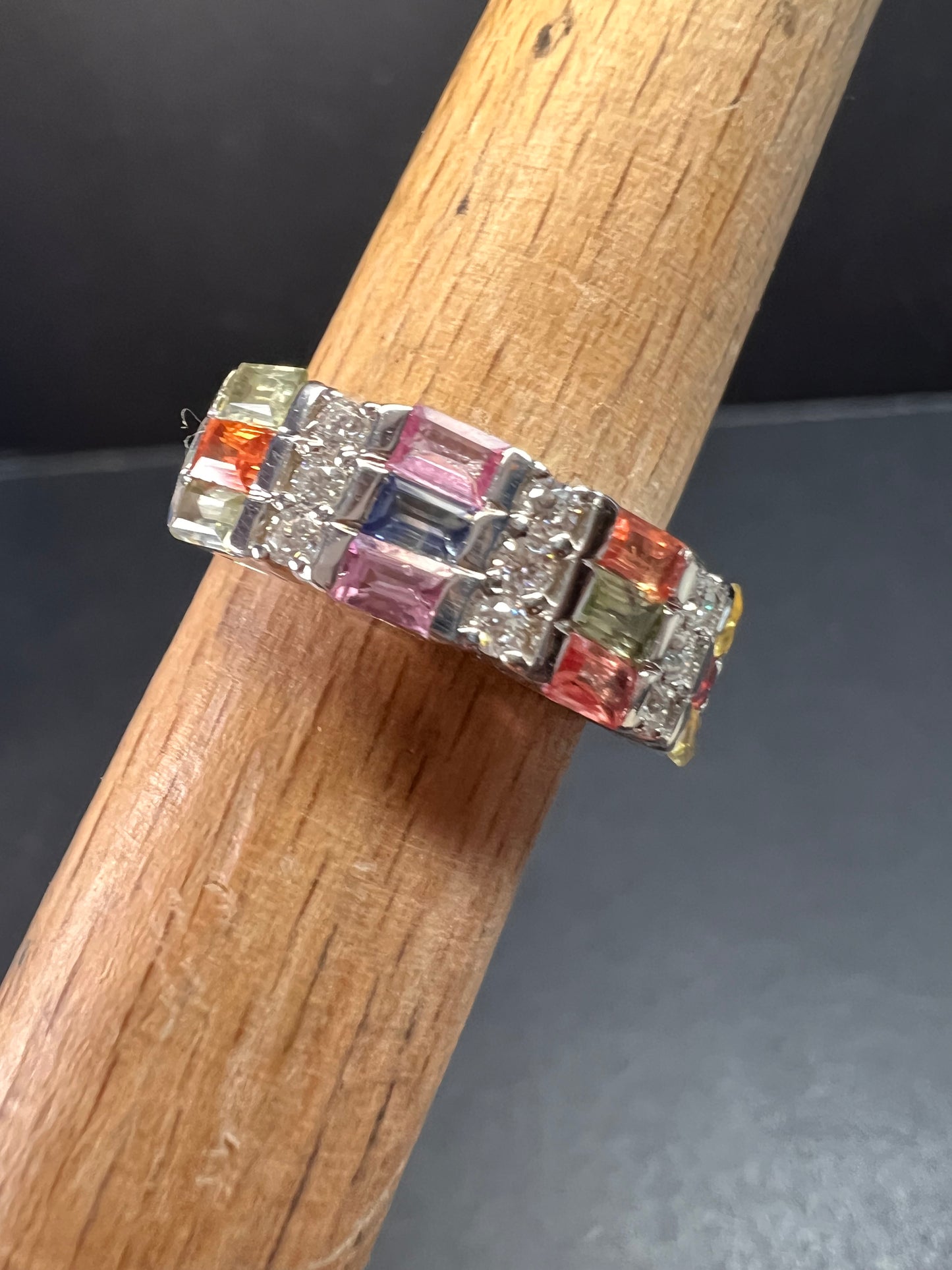 NEW multi sapphire and moissanite art deco style ring in rhodium over sterling silver size 5