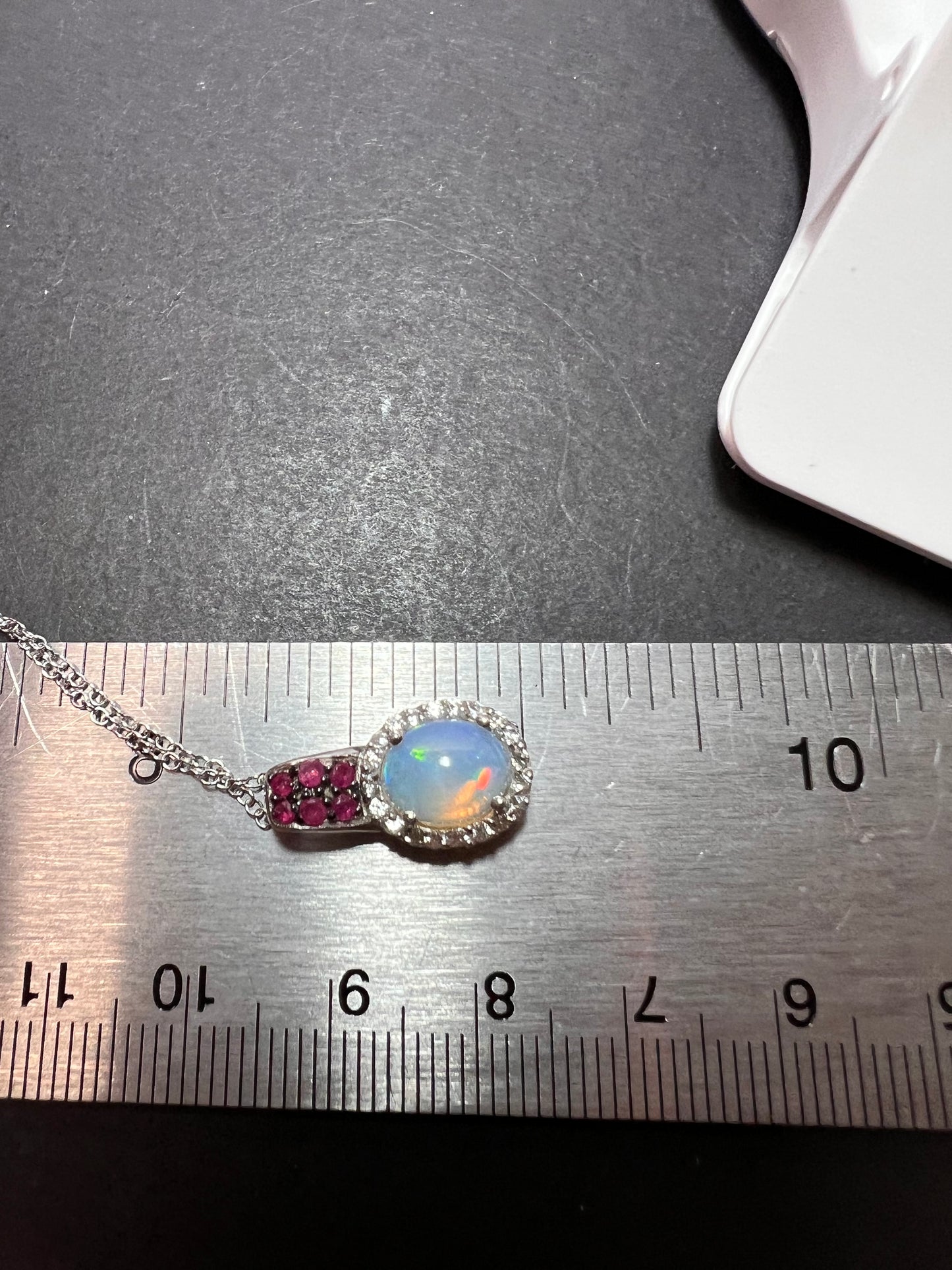 Ethiopian opal, ruby and zircon pendant and chain in platinum over sterling silver *NEW*
