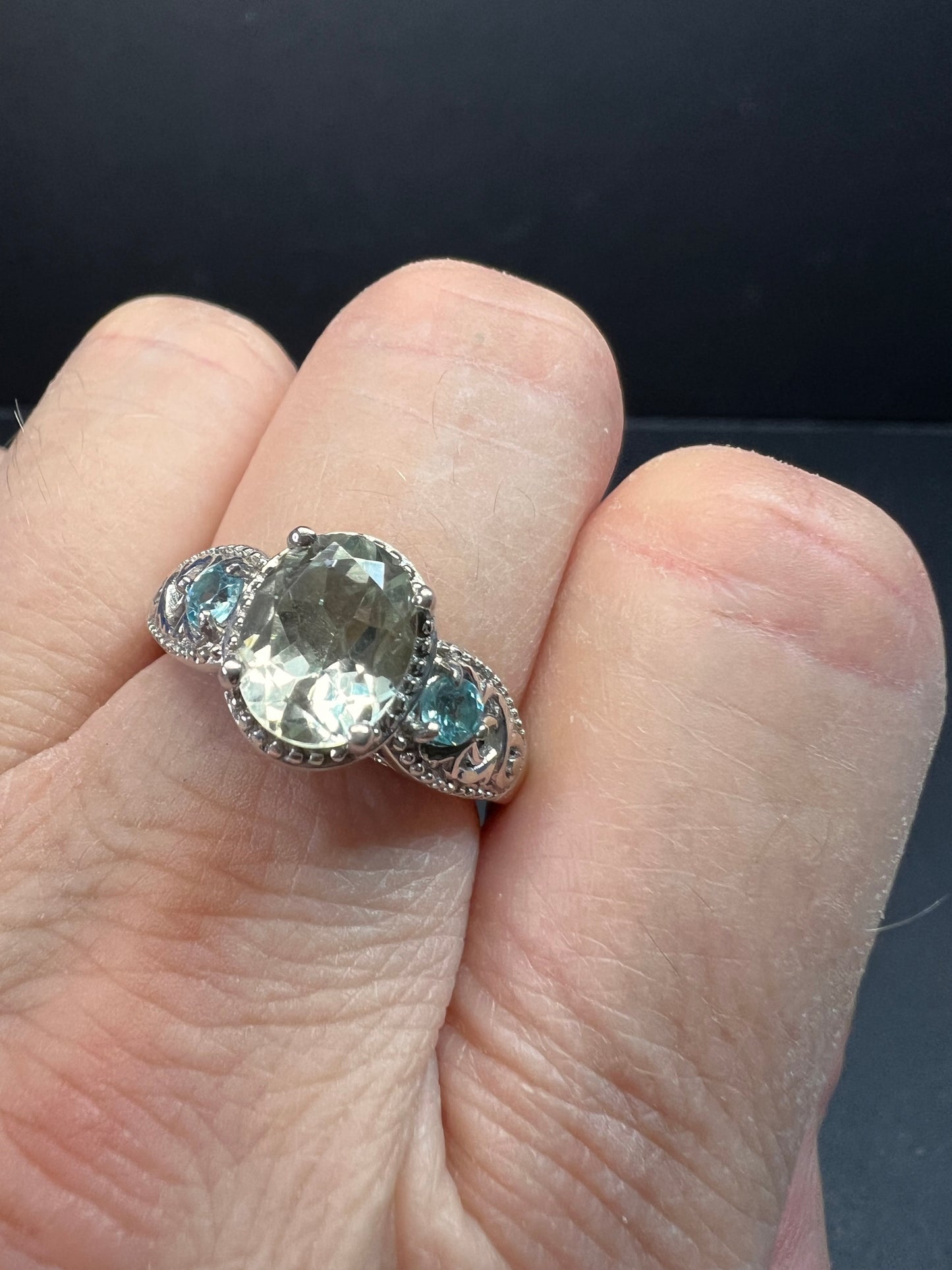 Prasiolite and apatite ring in platinum over copper size 8