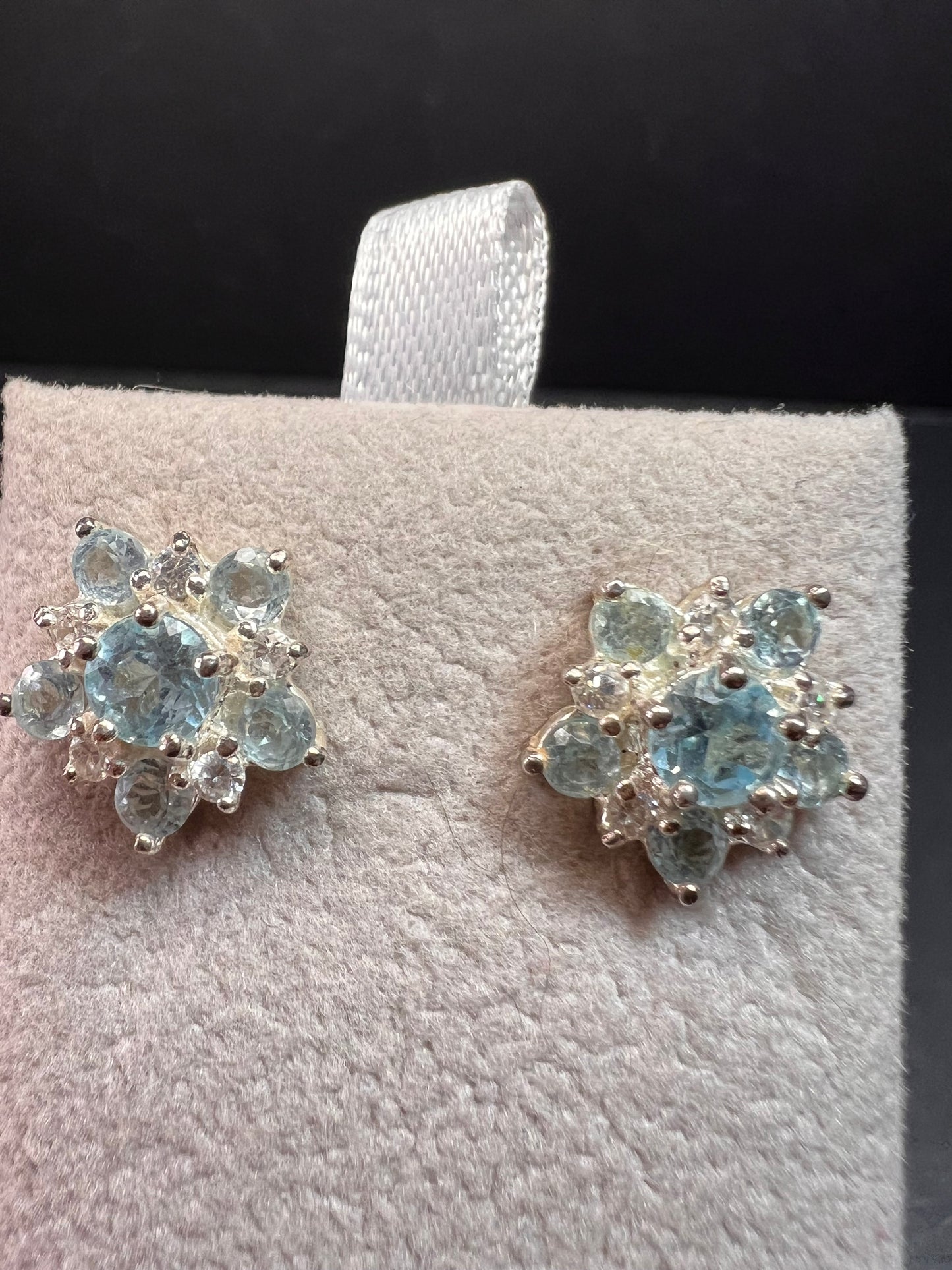 Vintage blue topaz and cz sterling silver snowflake stud earrings