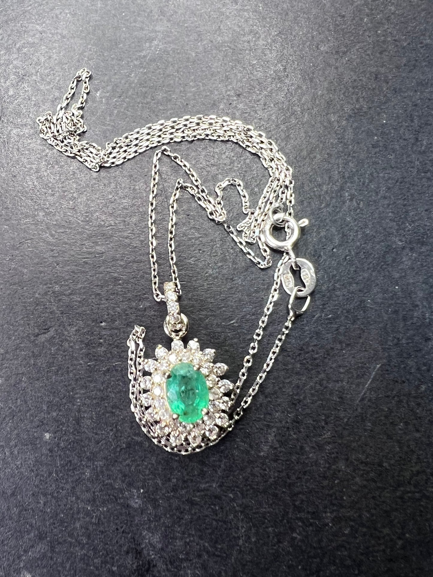 Zambian Emerald and White Zircon Sunburst Pendant Necklace 18 Inches in Platinum Over Sterling Silver 1.50 ctw