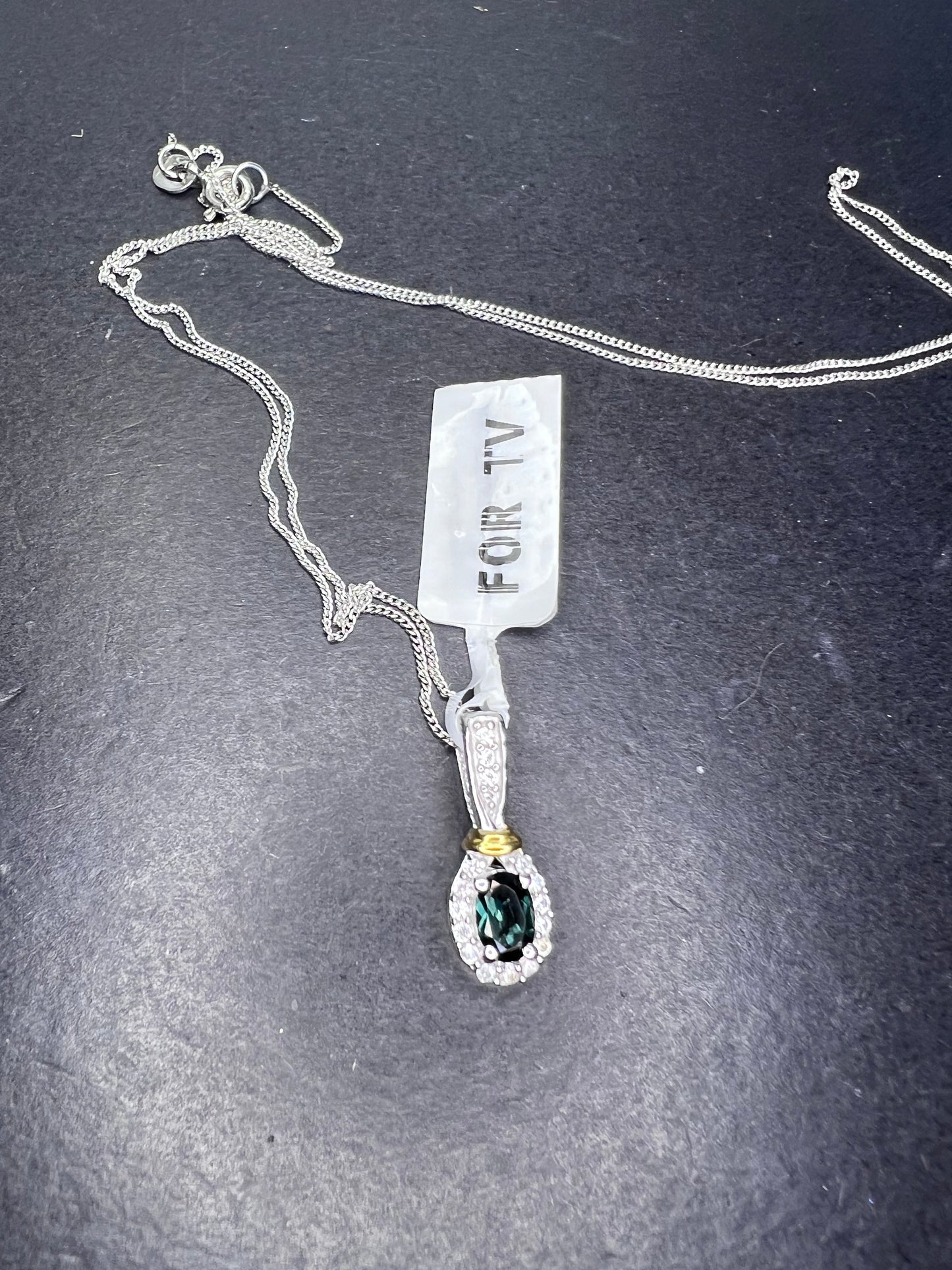 Indicolite tourmaline and zircon sterling silver pendant and 20 inch chain necklace