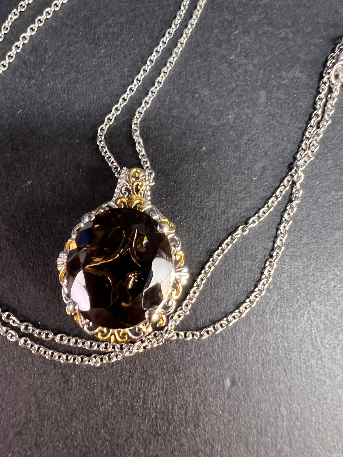 NEW Smoky Quartz pendant necklace in platinum and YG over brass and stainless steel 20 inches
