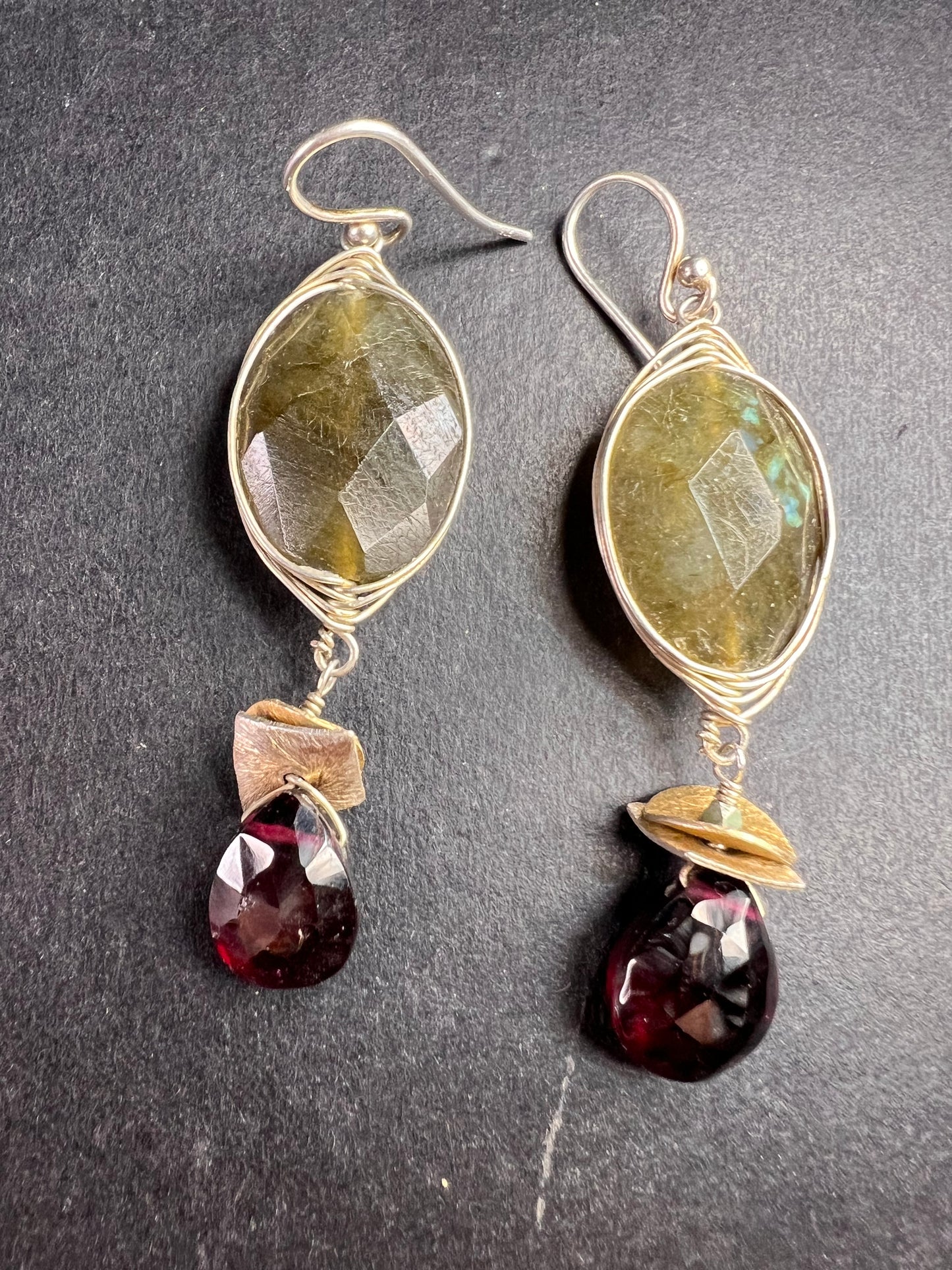 Labradorite and rhodolite garnet sterling silver dangle earrings