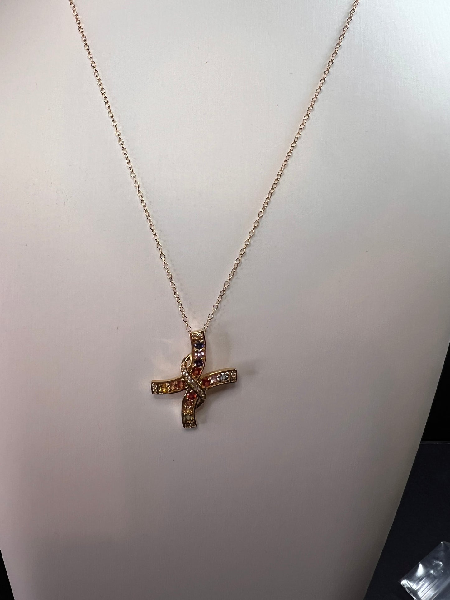 NEW Rainbow sapphire curved cross pendant and chain in gold vermeil over sterling silver