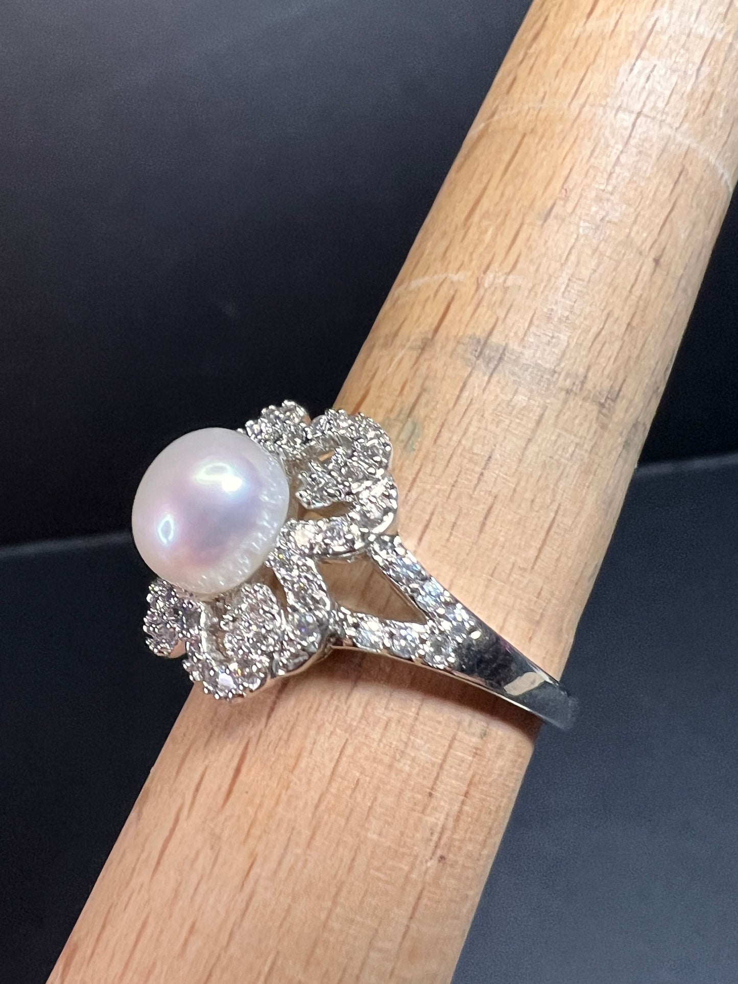 Freshwater pearl and Cz cocktail ring size 9
