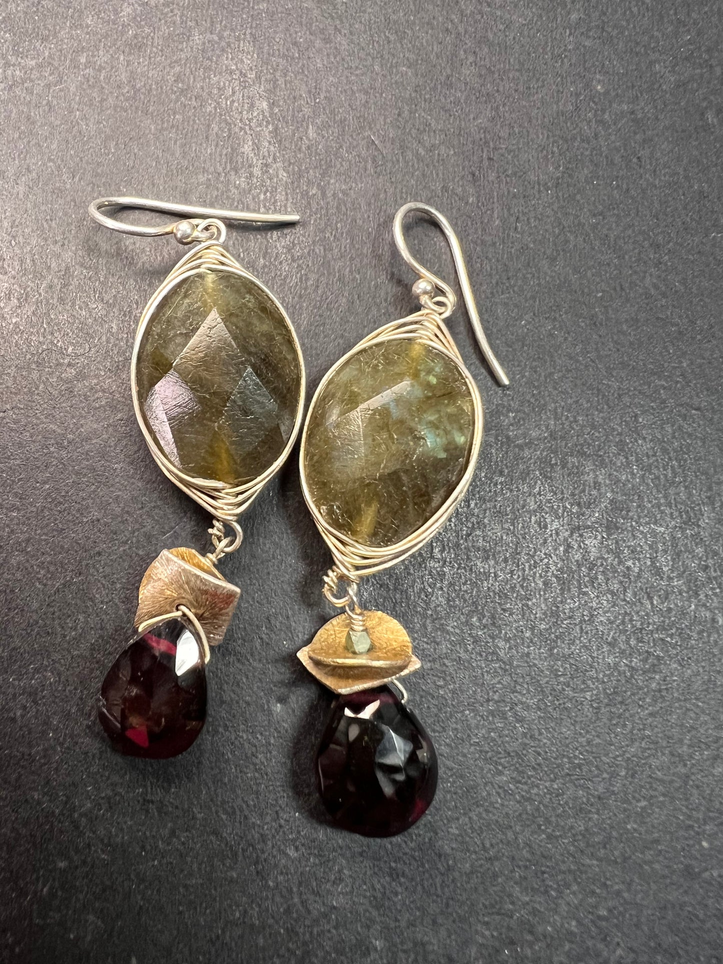 Labradorite and rhodolite garnet sterling silver dangle earrings