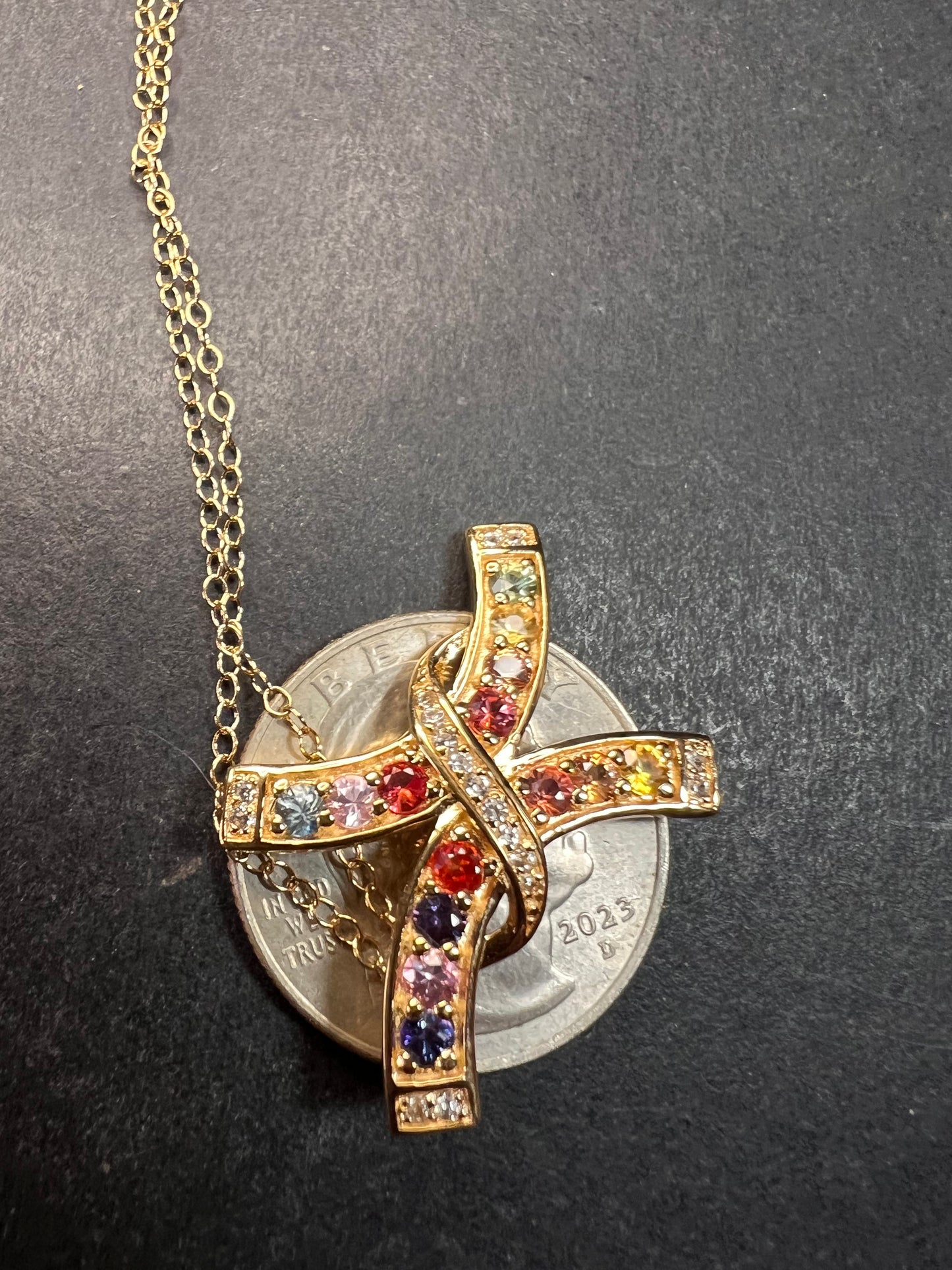 NEW Rainbow sapphire curved cross pendant and chain in gold vermeil over sterling silver