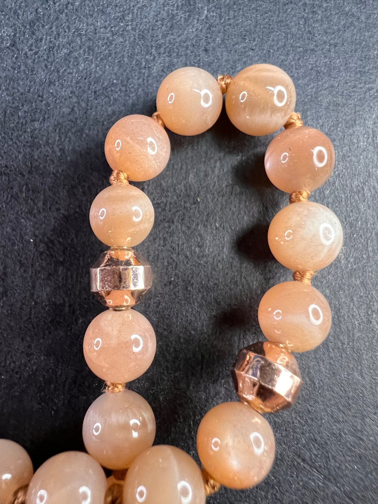 NEW Peach moonstone 30 inch knotted necklace with rose gold over bronze