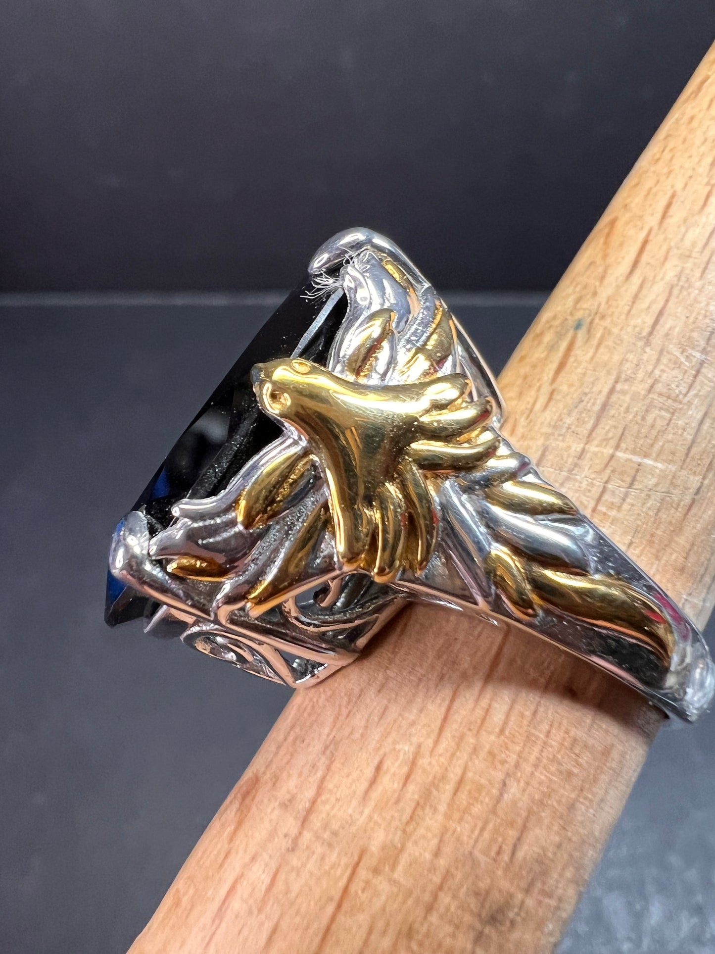 NEW Black spinel Phoenix ring in rhodium and gold vermeil over sterling silver size 7