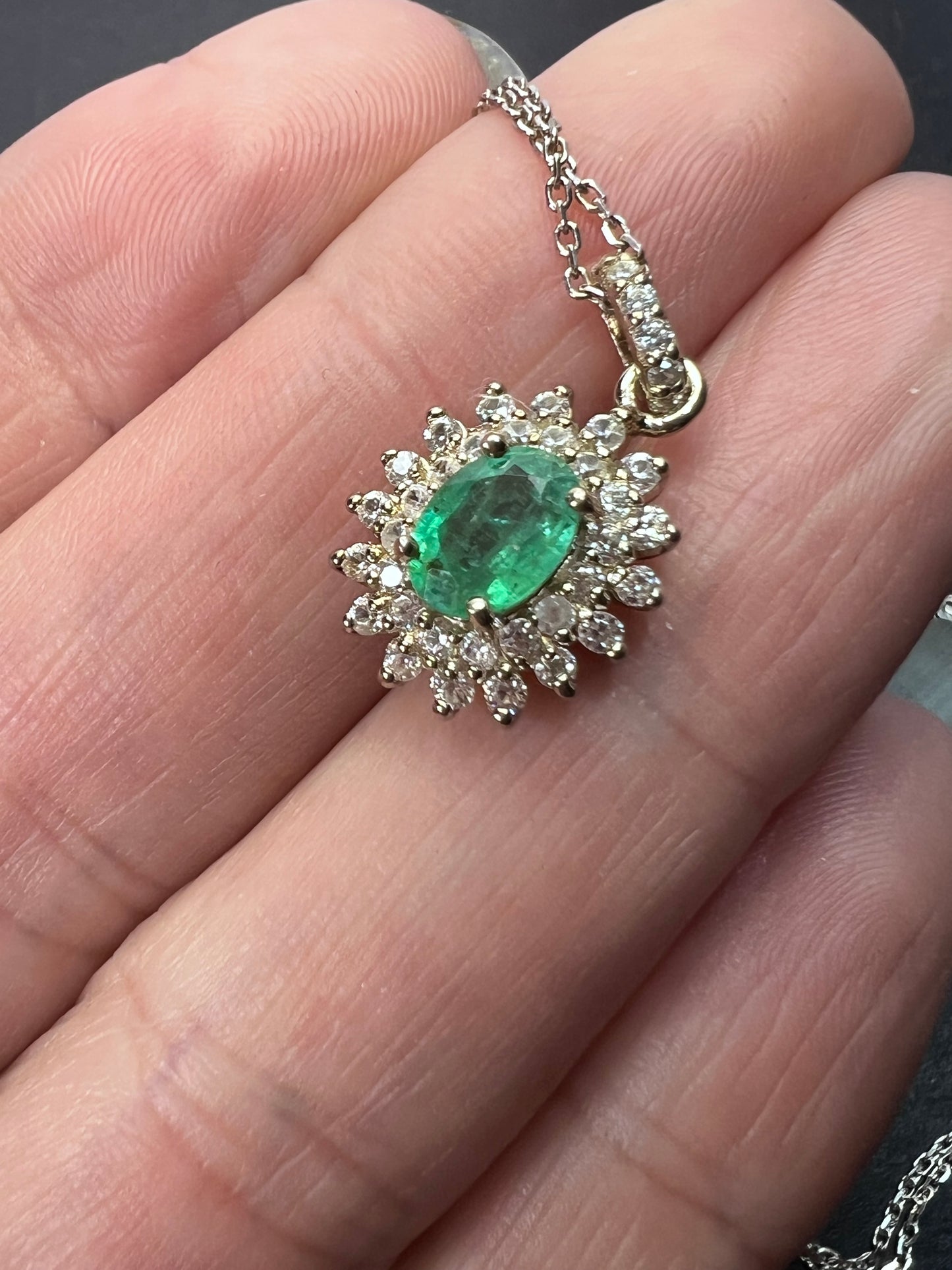 Zambian Emerald and White Zircon Sunburst Pendant Necklace 18 Inches in Platinum Over Sterling Silver 1.50 ctw