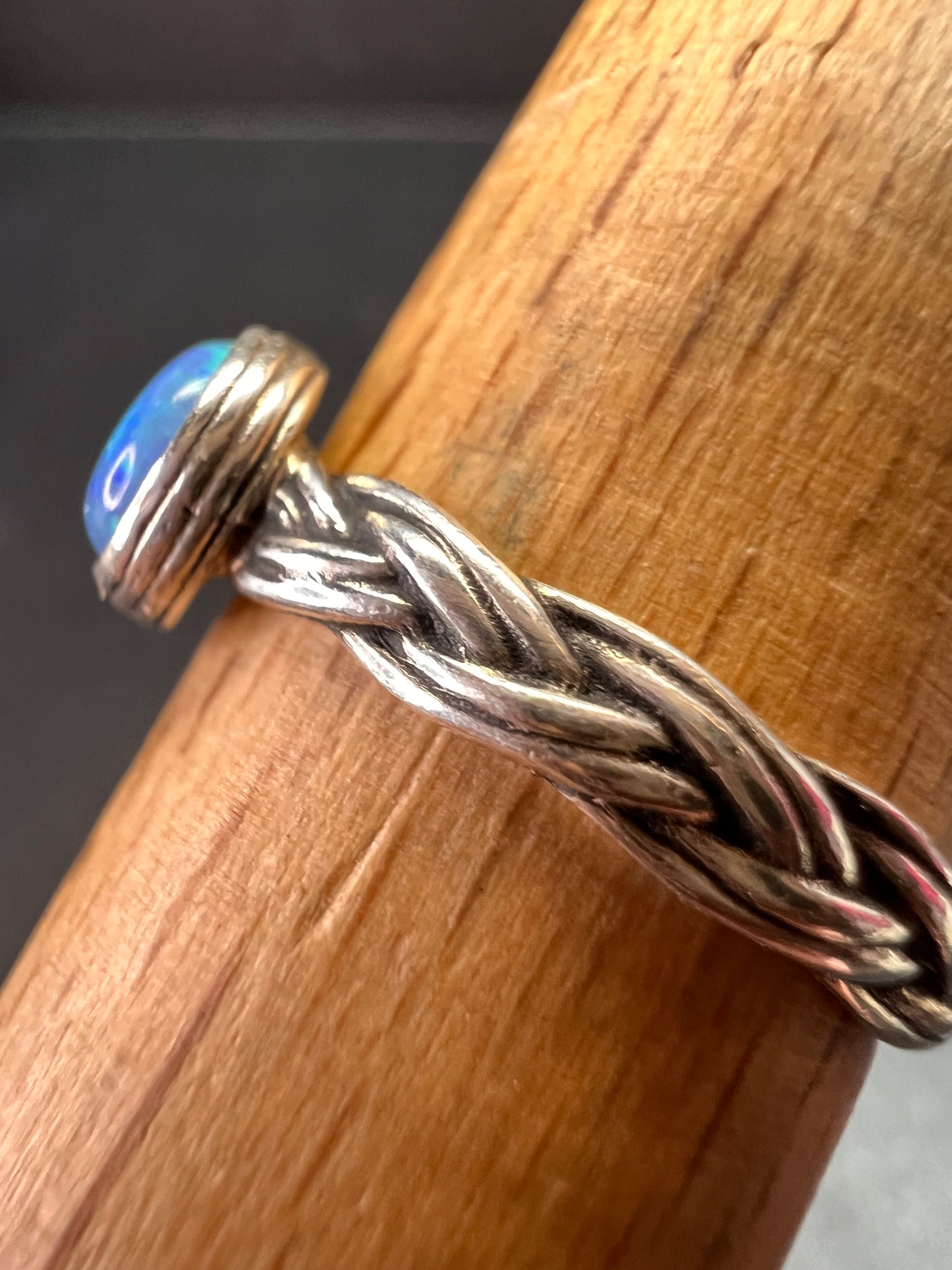 Sterling Silver Braided Band Ring with Lab Opal – Size 9
