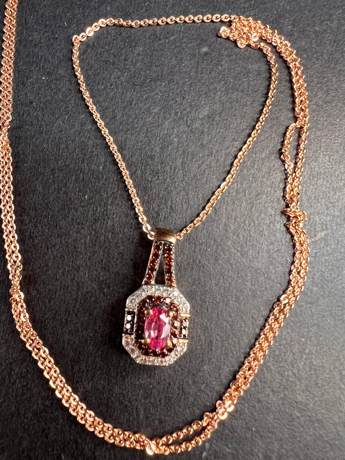 NEW Mahenge pink spinel and brown zircon art deco style pendant in rose gold over sterling silver