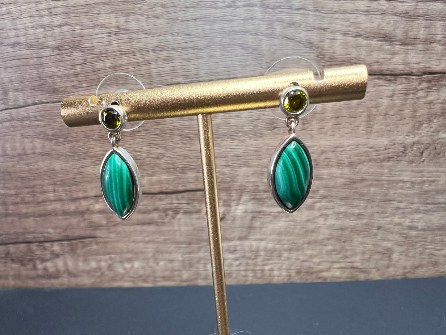 Malachite and olive CZ sterling silver marquise drop earrings