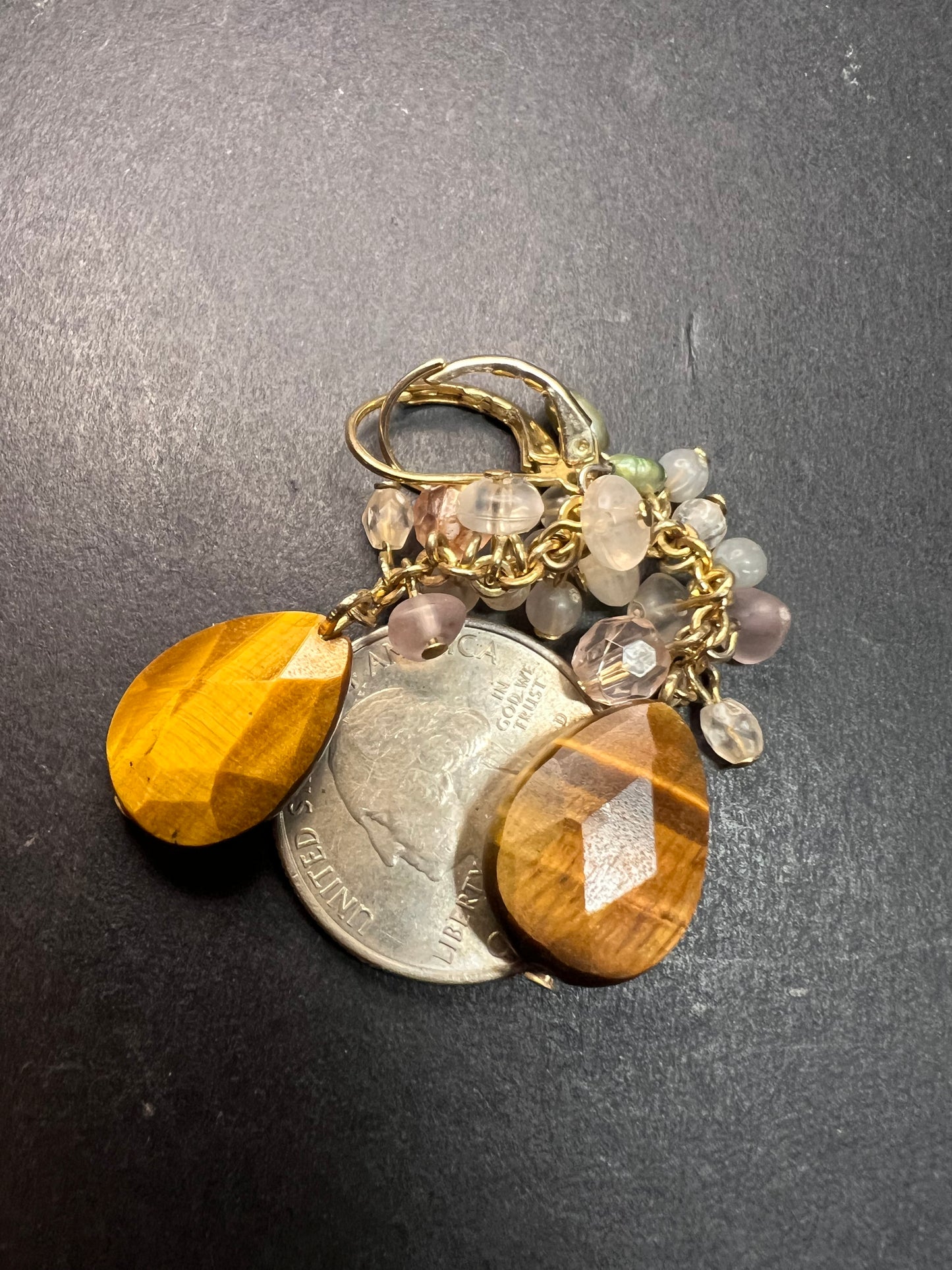 Avon tigers eye gold tone lever back chandelier earrings