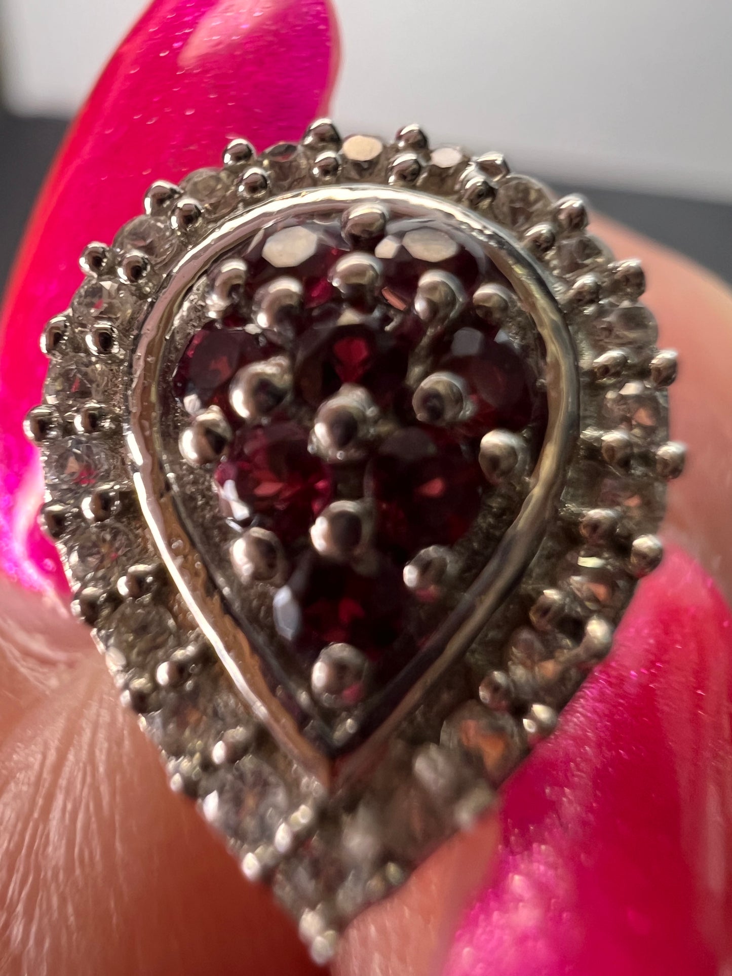 Rhodolite garnet and white topaz teardrop sterling silver post halo earrings