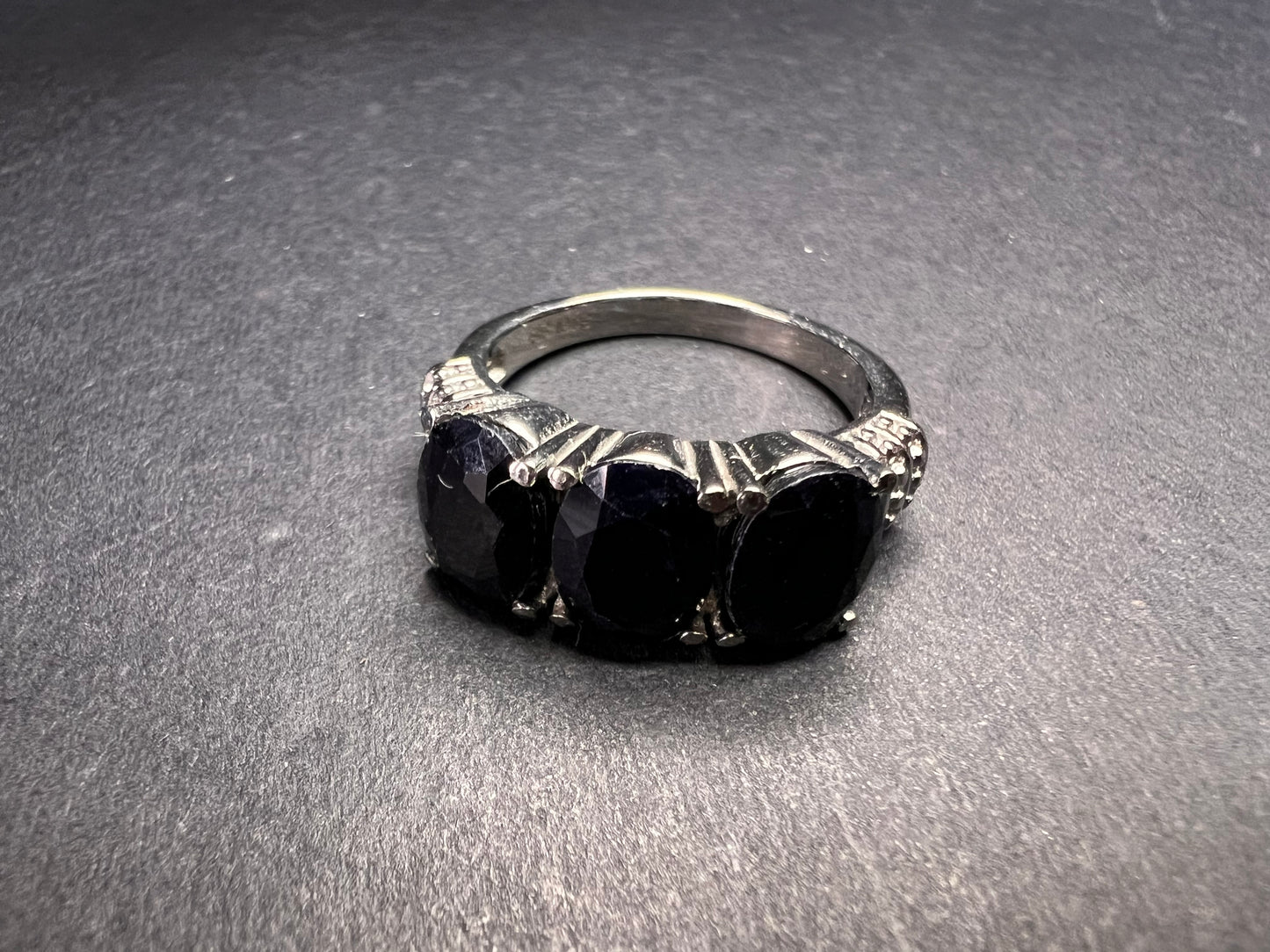NEW midnight sapphire three stone ring in stainless steel size 7