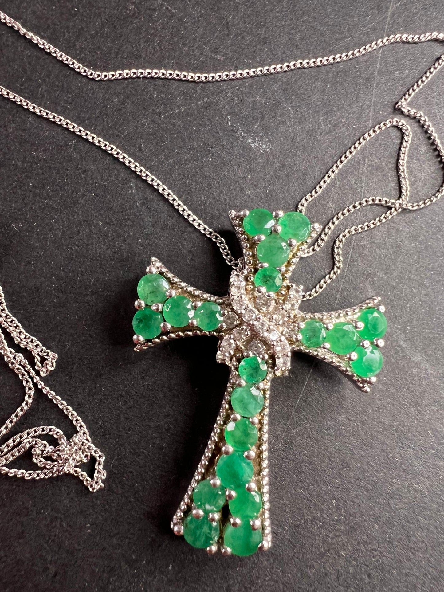 Emerald and zircon sterling silver cross pendant with 20 inch chain