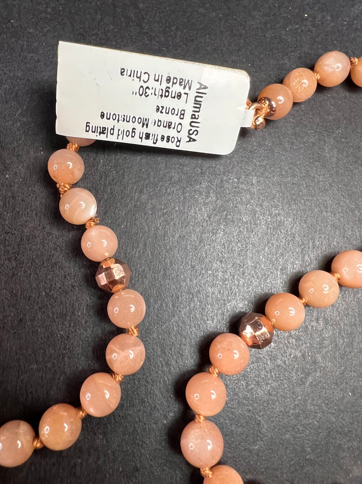 NEW Peach moonstone 30 inch knotted necklace with rose gold over bronze
