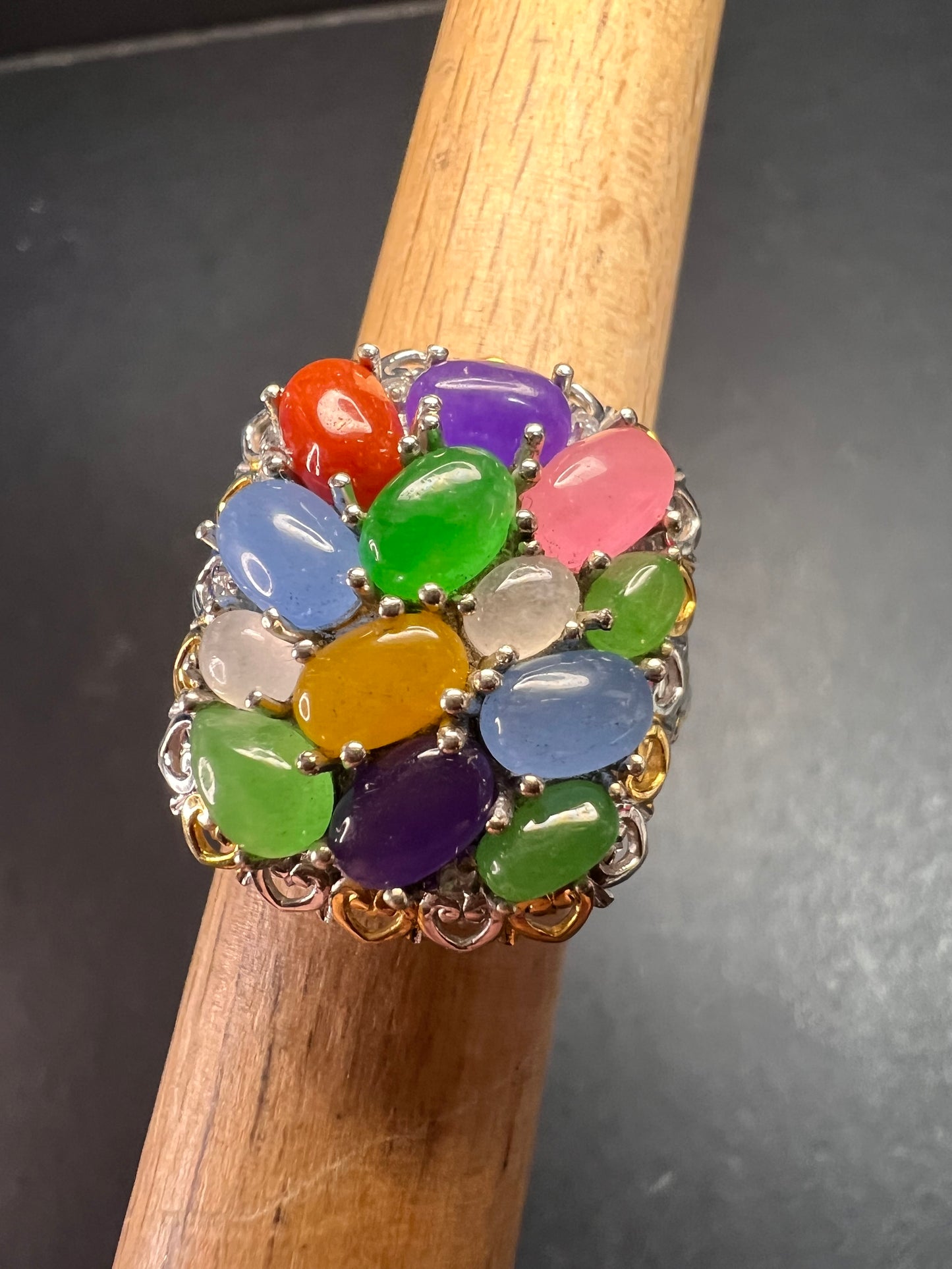 NEW rainbow harmony jade ring in vermeil and rhodium over sterling silver size 5