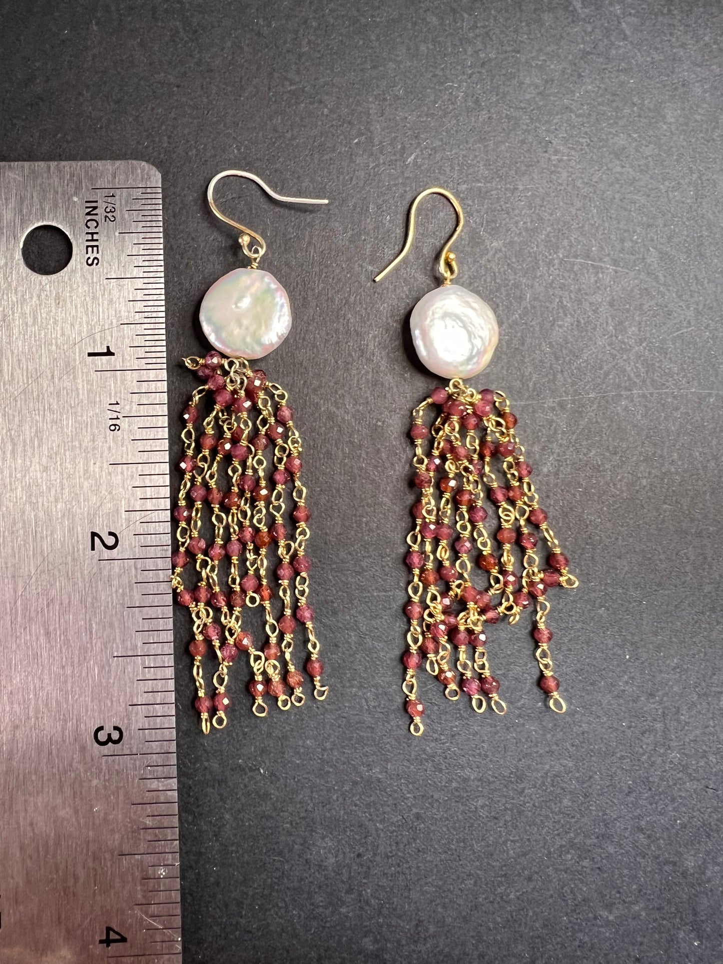 Freshwater pearl and garnet chandelier sterling silver earrings