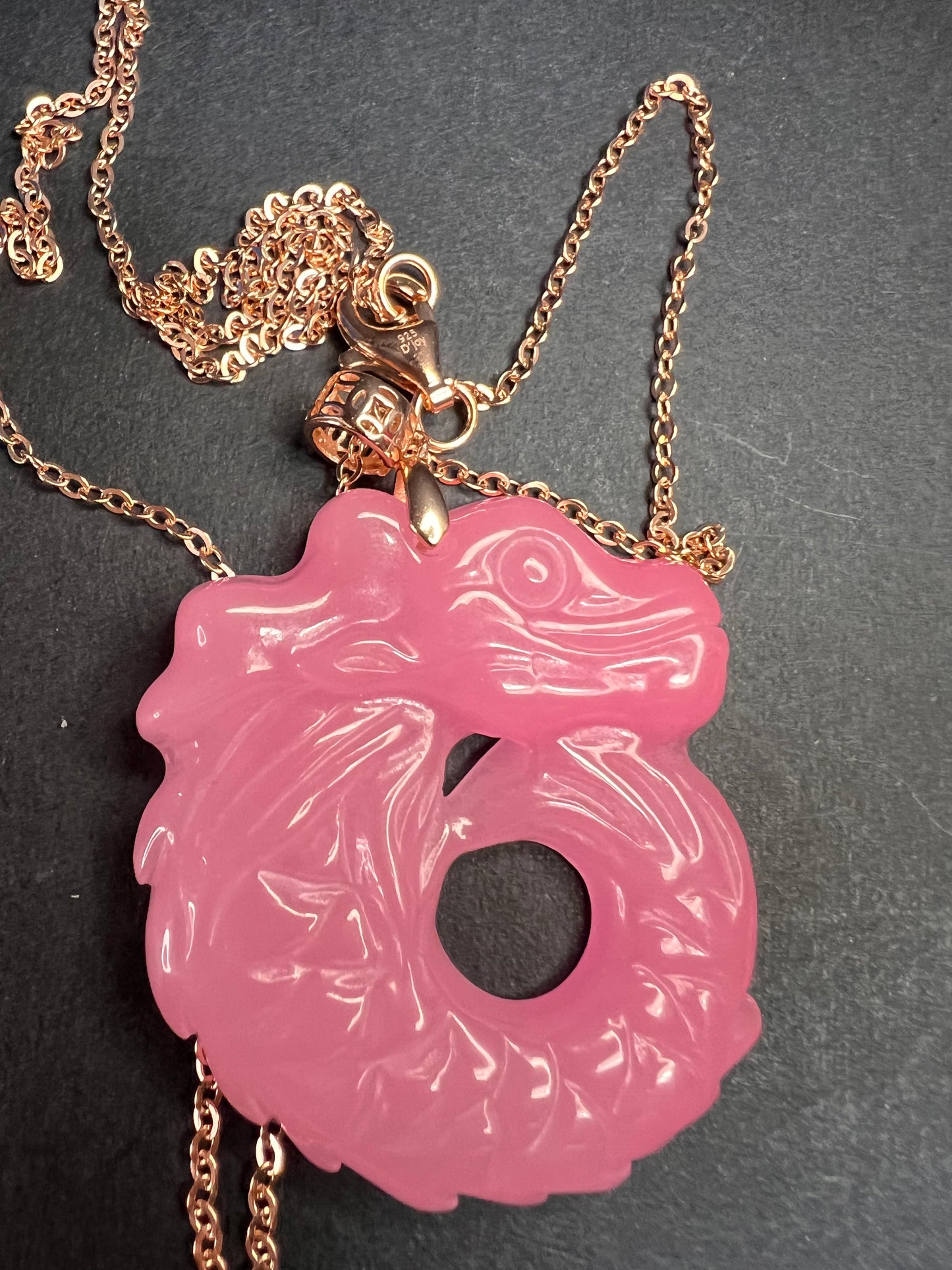 NEW Pink jade dragon pendant and 20 inch chain in rose gold over sterling silver