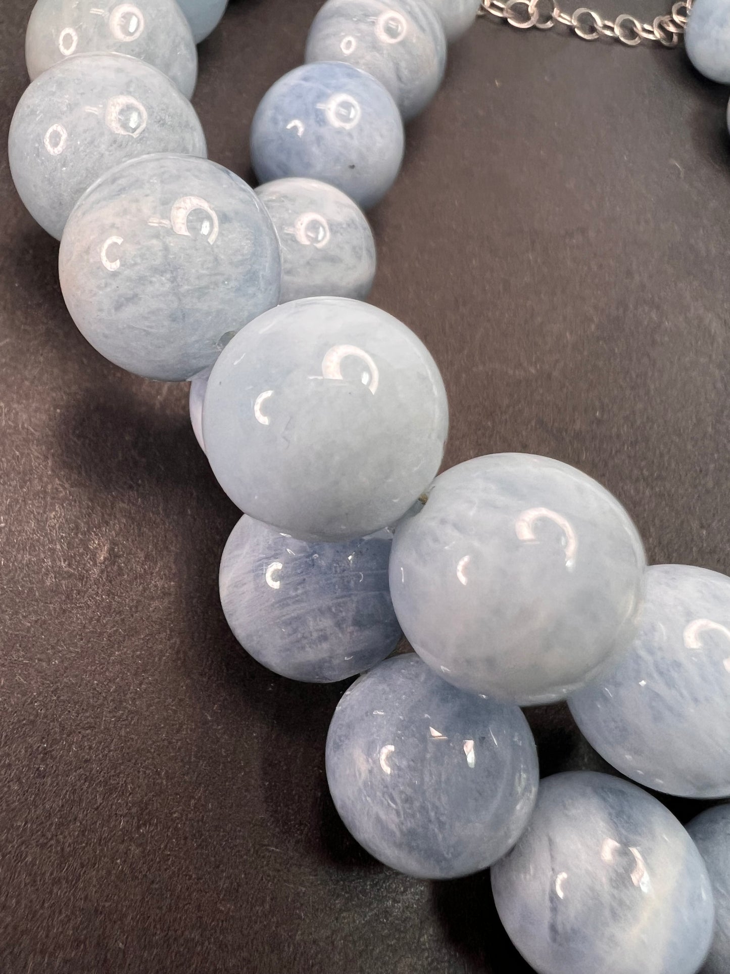 Aquamarine 11mm beaded necklace with sterling silver clasp