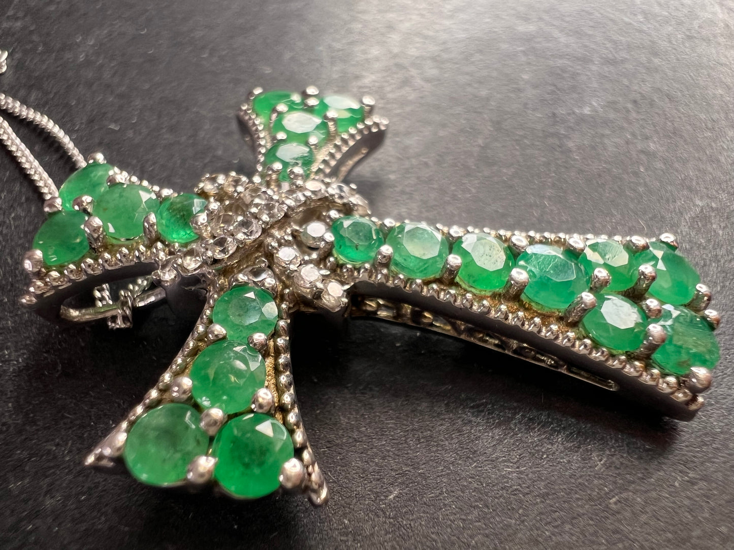 Emerald and zircon sterling silver cross pendant with 20 inch chain