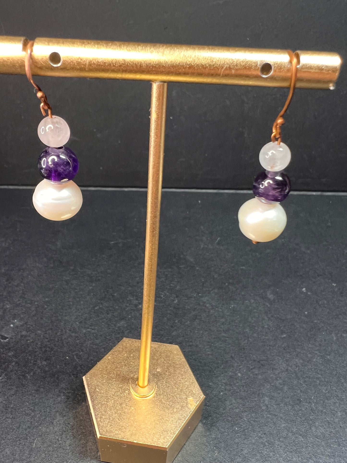 Pearl, amethyst and rose quartz dangle earrings in copper