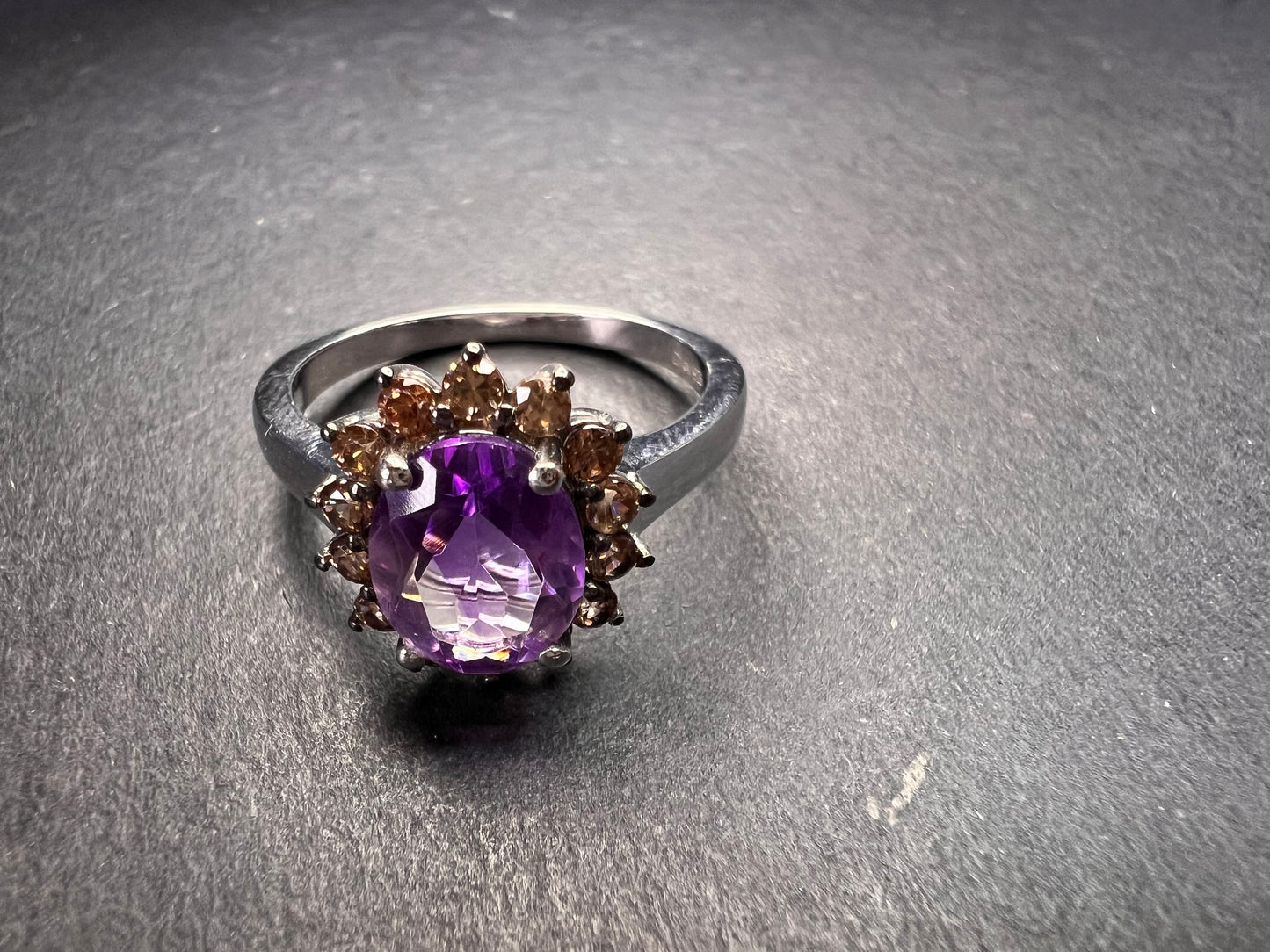 NEW Rose de France and brown zircon halo ring in platinum over sterling silver size 8