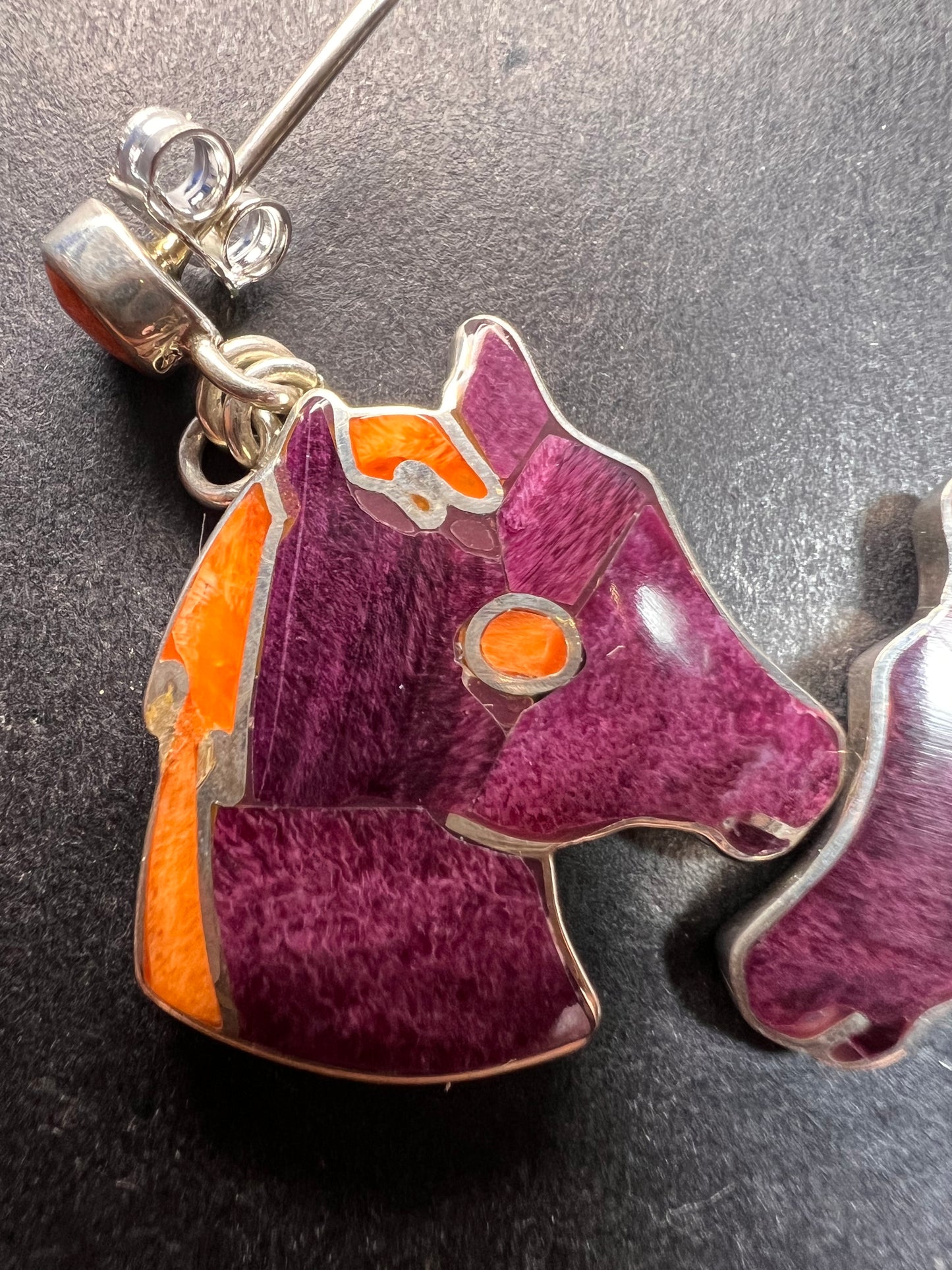 NEW Peruvian spiny oyster sterling silver horse head earrings