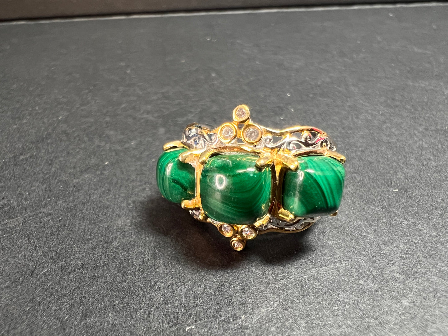 NEW Malachite and zircon two toned ring in vermeil and rhodium over sterling silver size 7