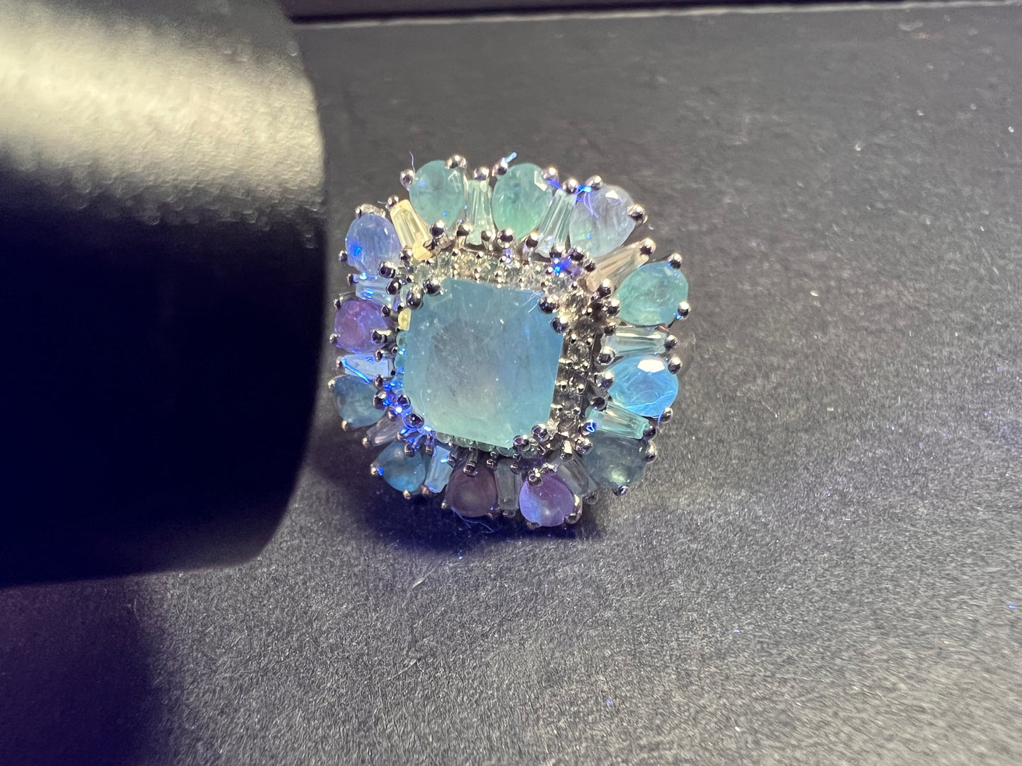 NEW grandidierite and zircon cocktail ring in rhodium over sterling silver size 7