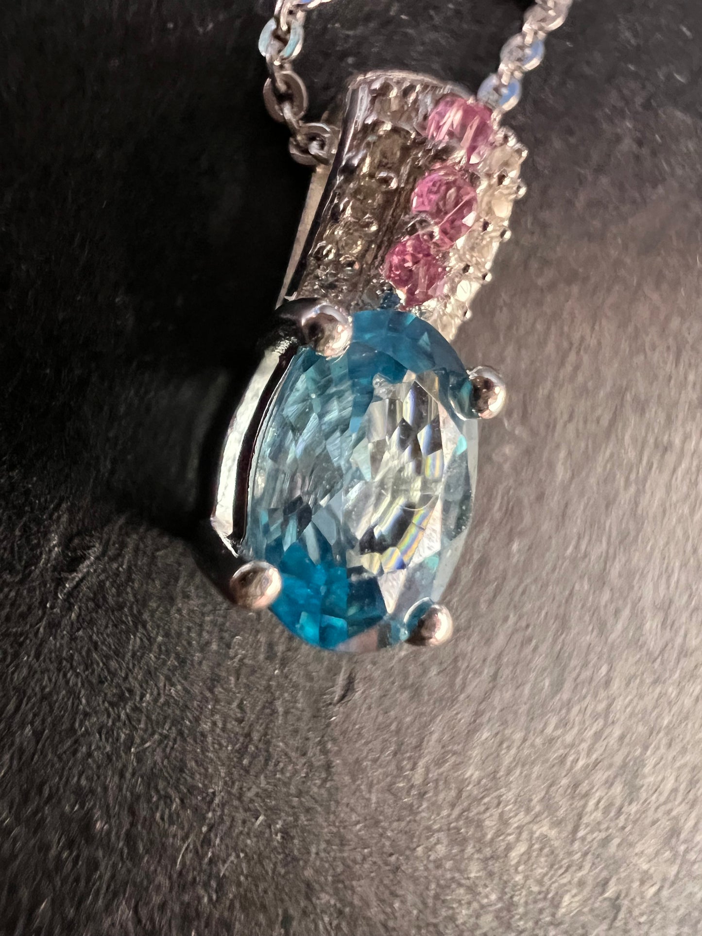 NEW Blue zircon and pink sapphire sterling silver pendant and chain