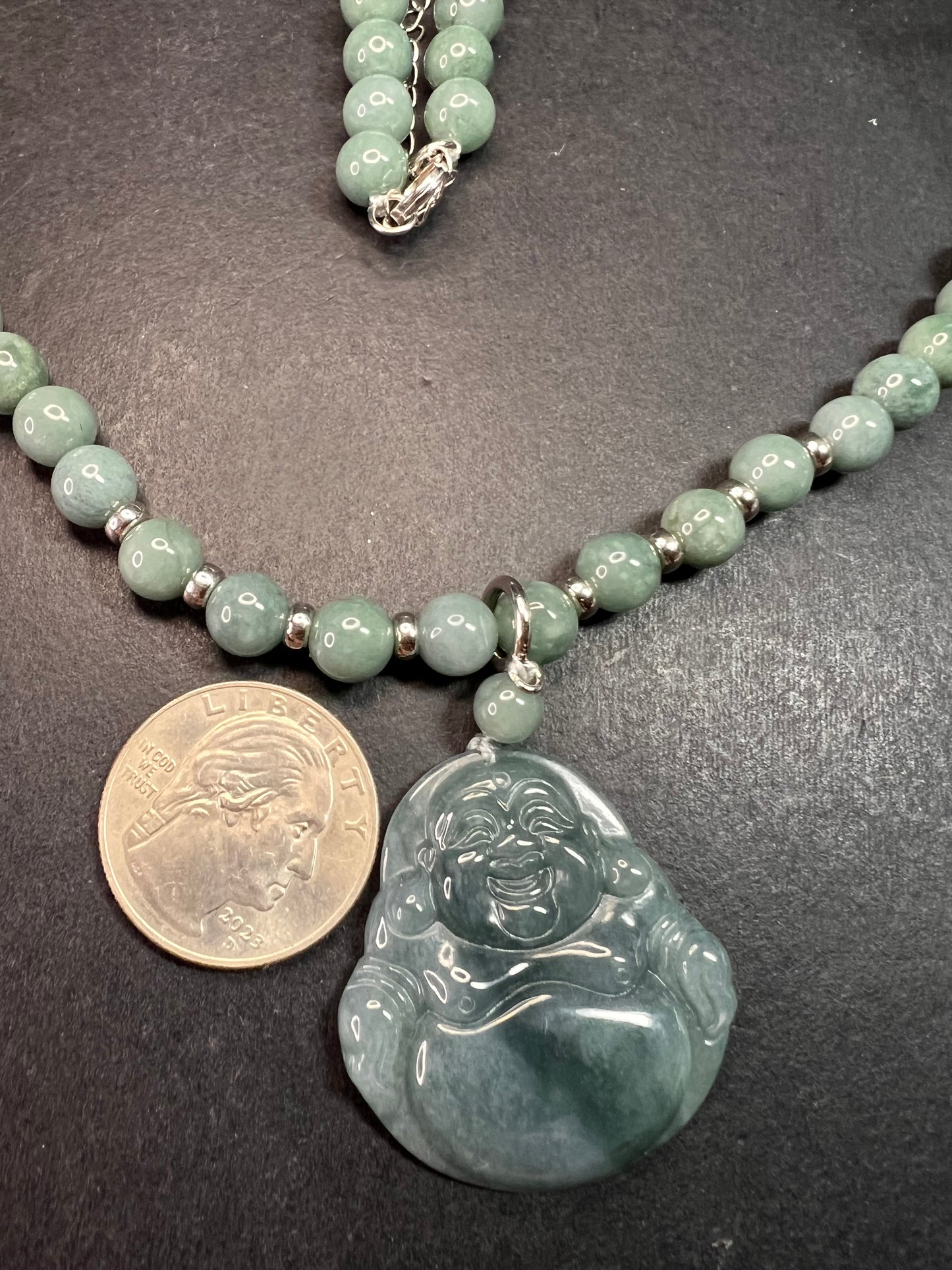 NEW Olmec Jadeite carved Buddha necklace in sterling silver