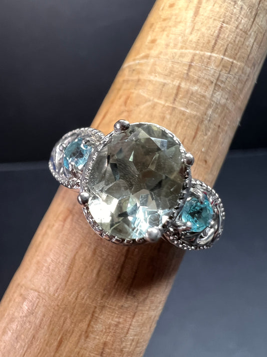 Prasiolite and apatite ring in platinum over copper size 8