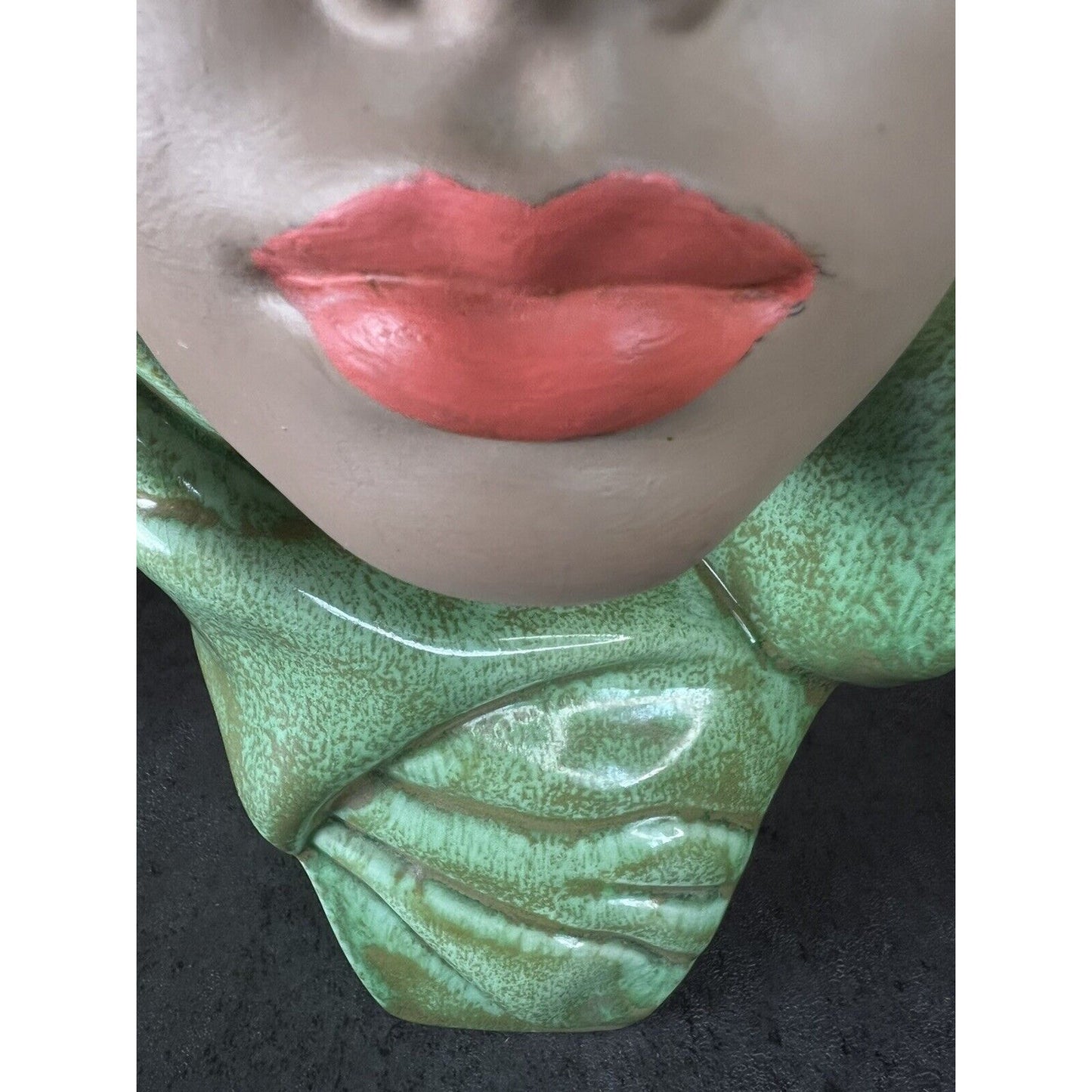 Vintage Female Head Bust Hand Painted Chalk Ware Green Head Scarf Ceramic