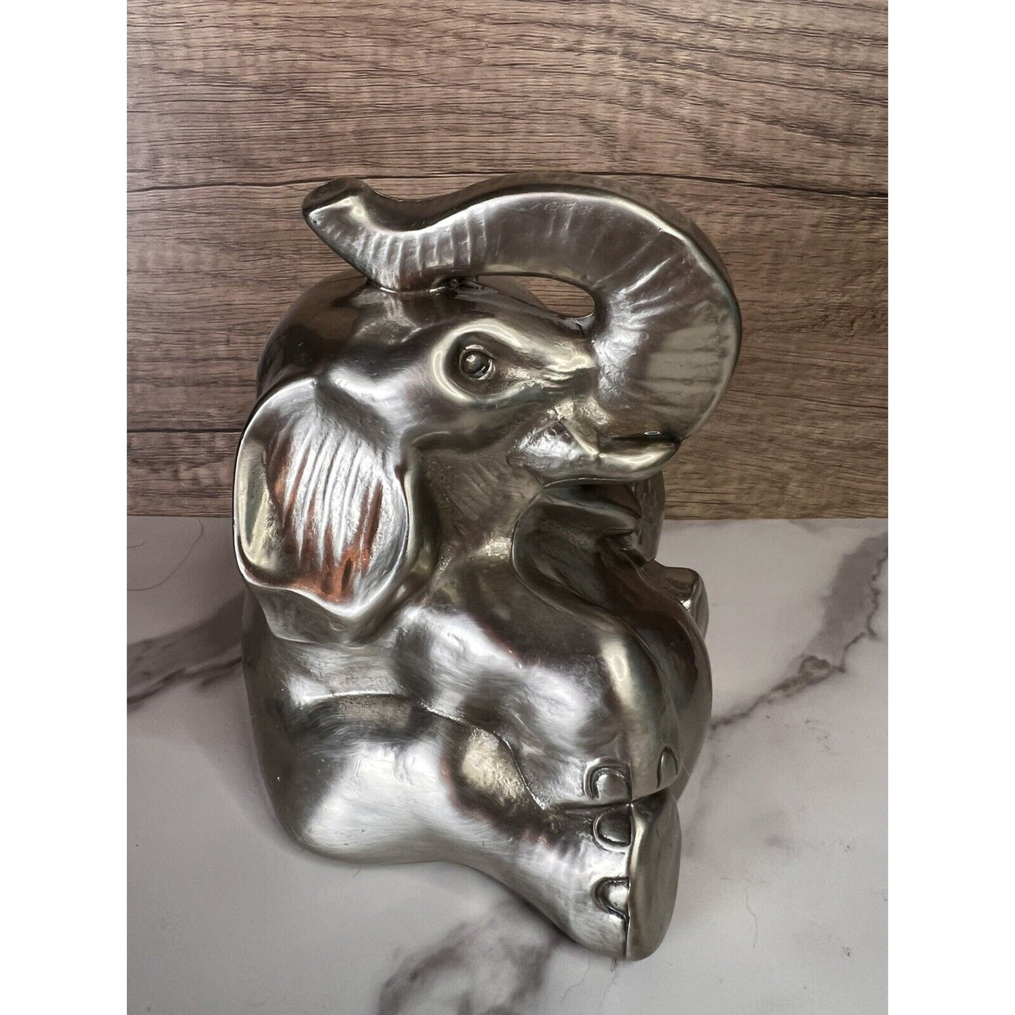 Vtg Elephant Bookend Doorstop Paperweight MCM Silver Gold Trunk Up Elephant