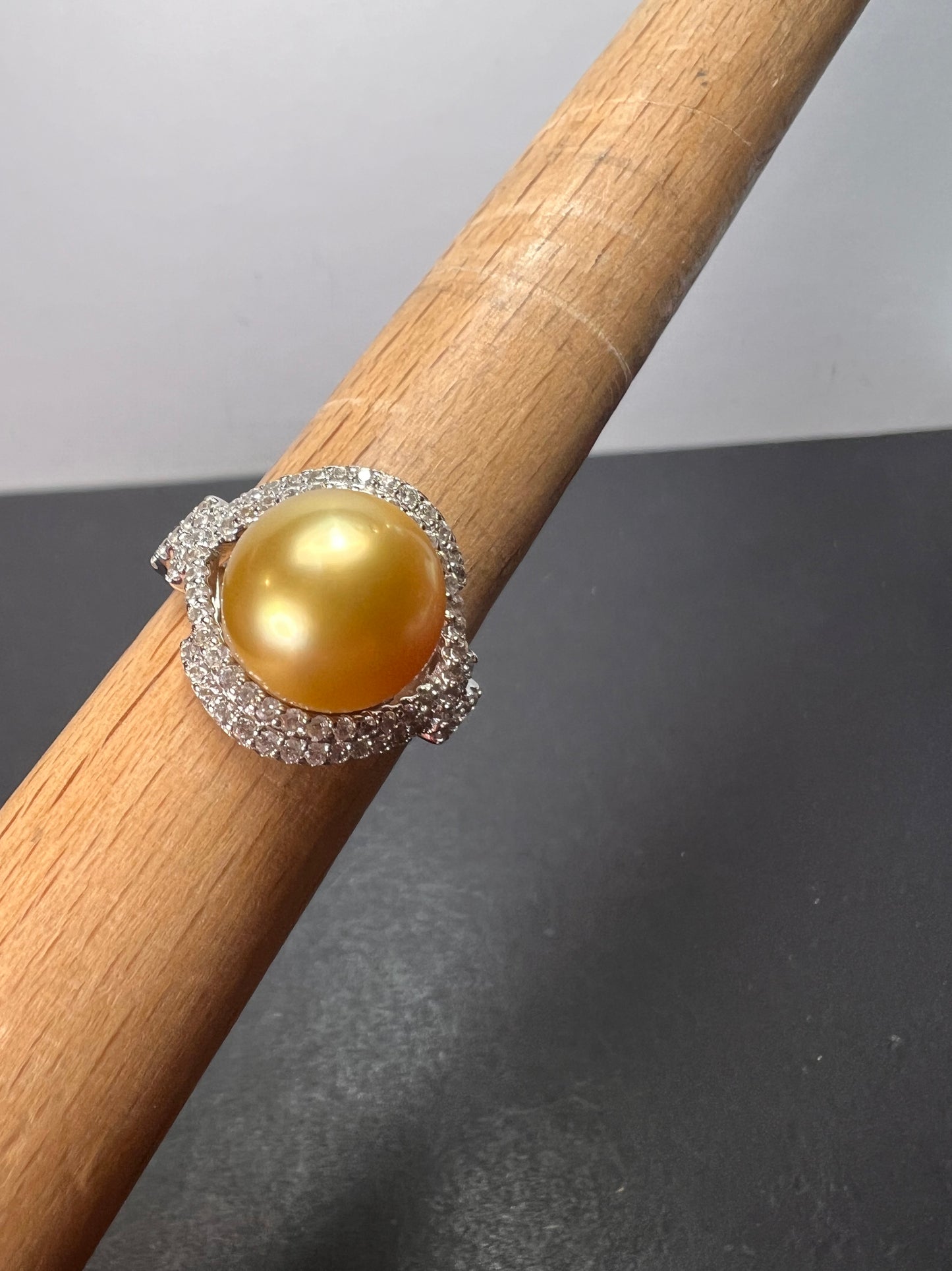 Natural Color Deep Gold 11mm Golden South Sea Cultured Pearl and Zircon ring in rhodium over Sterling silver size 9