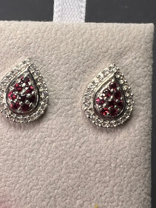 Rhodolite garnet and white topaz teardrop sterling silver post halo earrings