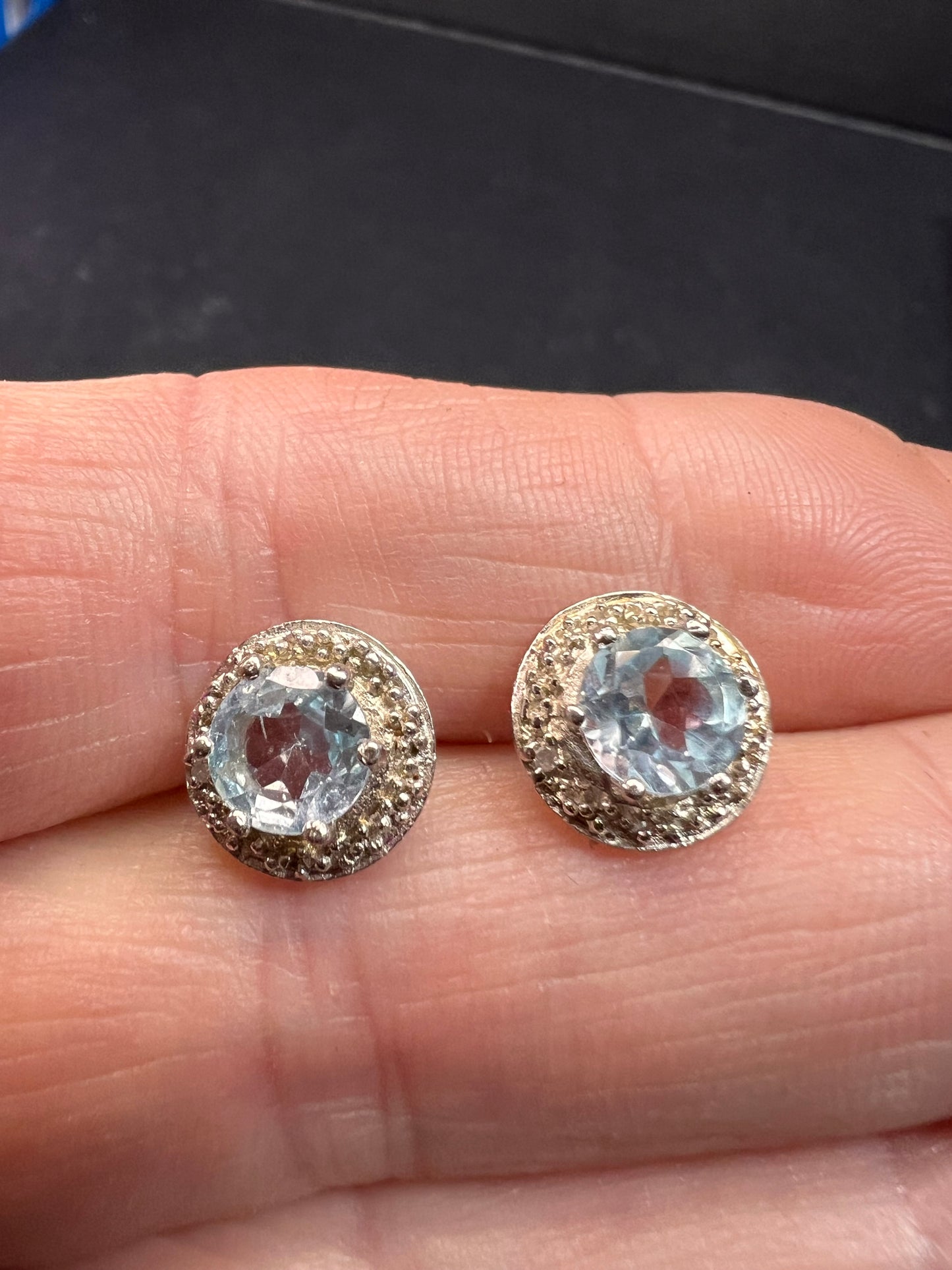 NEW blue topaz and diamond sterling silver stud earrings