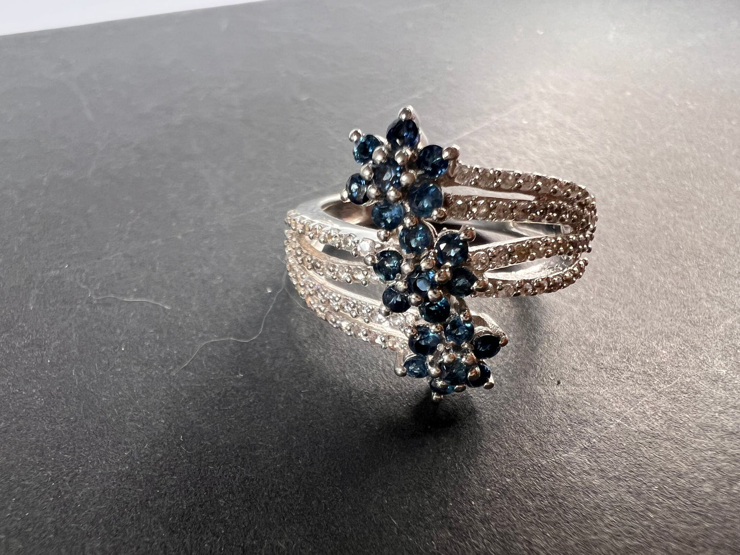 Blue tourmaline and zircon bypass ring in sterling silver size 9