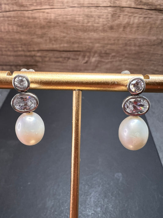 Cultured pearl and CZ sterling silver drop earrings