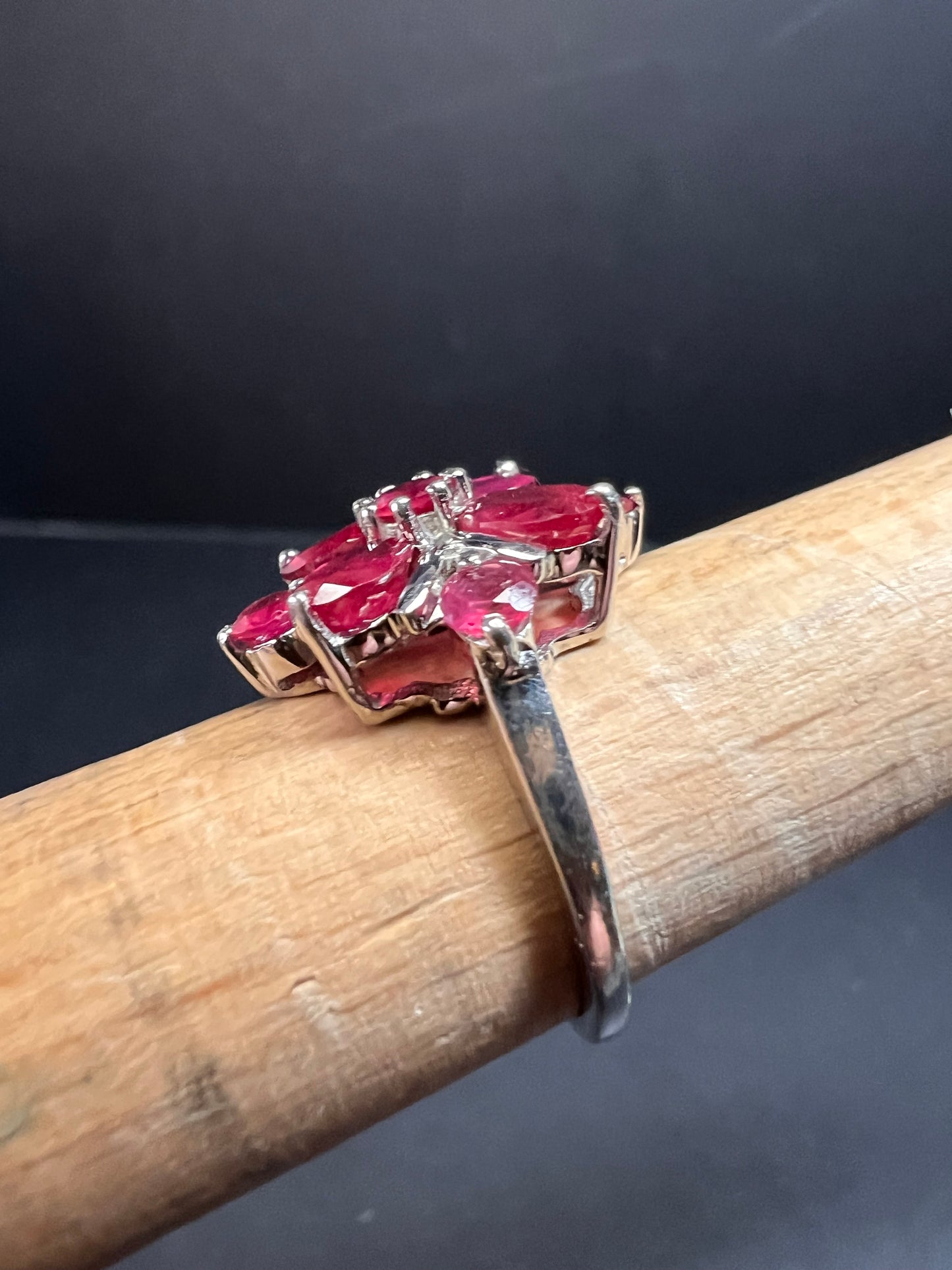 Vintage ruby flower cluster sterling silver ring size 7